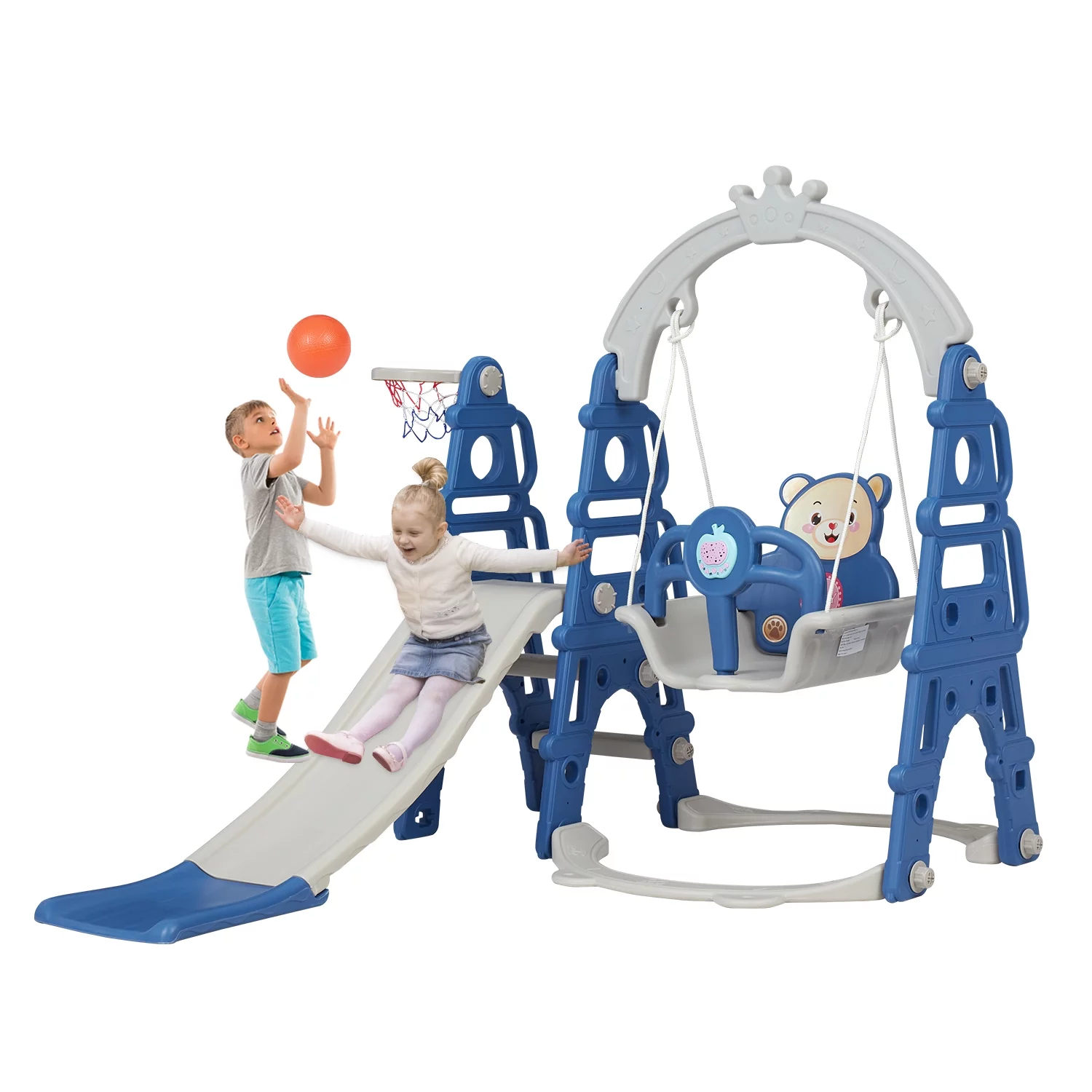 Kinbor 5-in-1 Kids Combination Slides Climbing Basketball Hoop and Swing Set, Blue