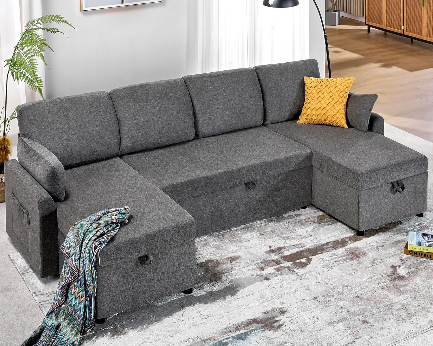 Papajet Sofa Bed, Sleeper Sofa with Storage Chaise, Pull Out Couch for Living Room- Gray Chenille