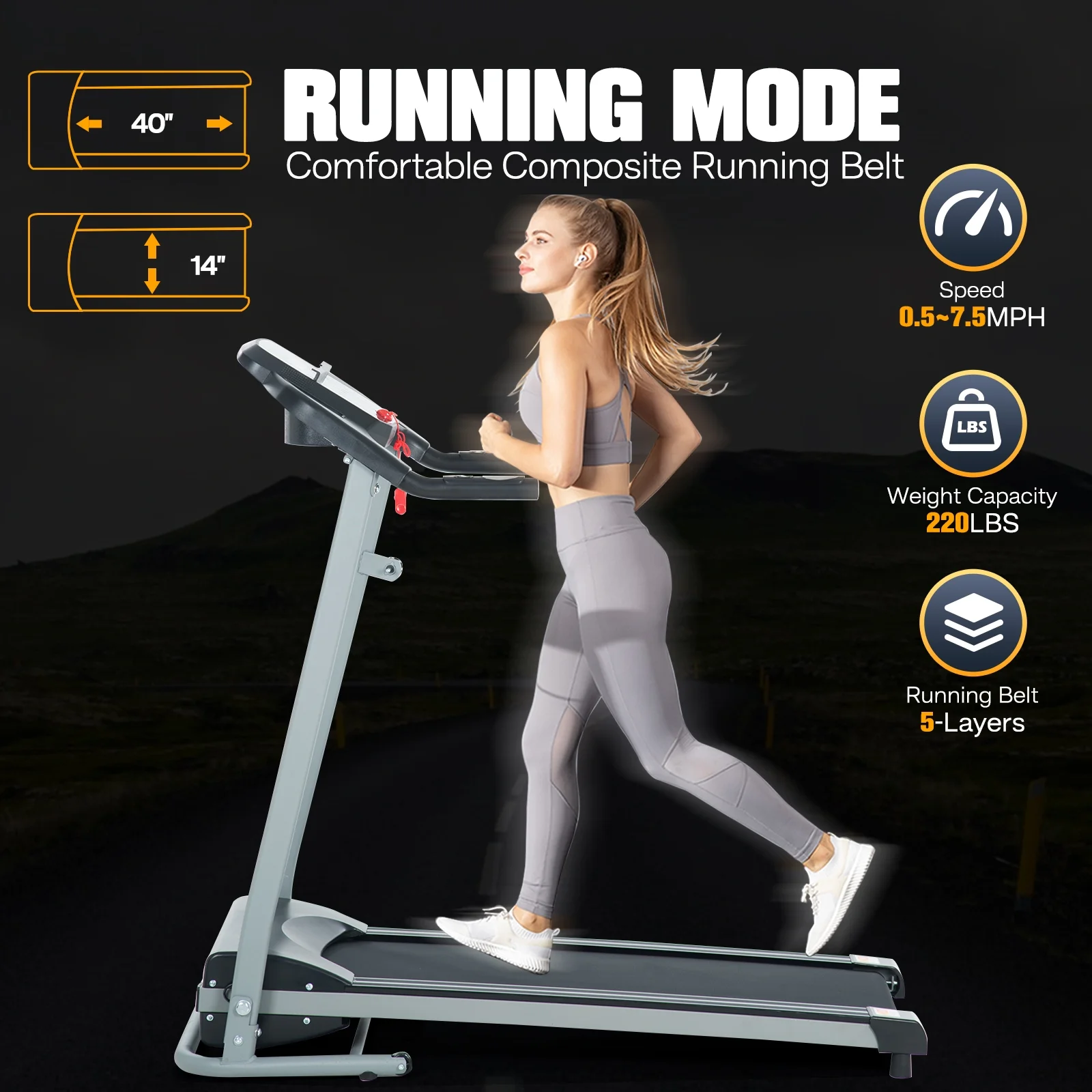 Aukfa Folding Treadmill for Home, Running Exercise Machine Treadmill, 220lbs Capacity 7.5MPH, Silver