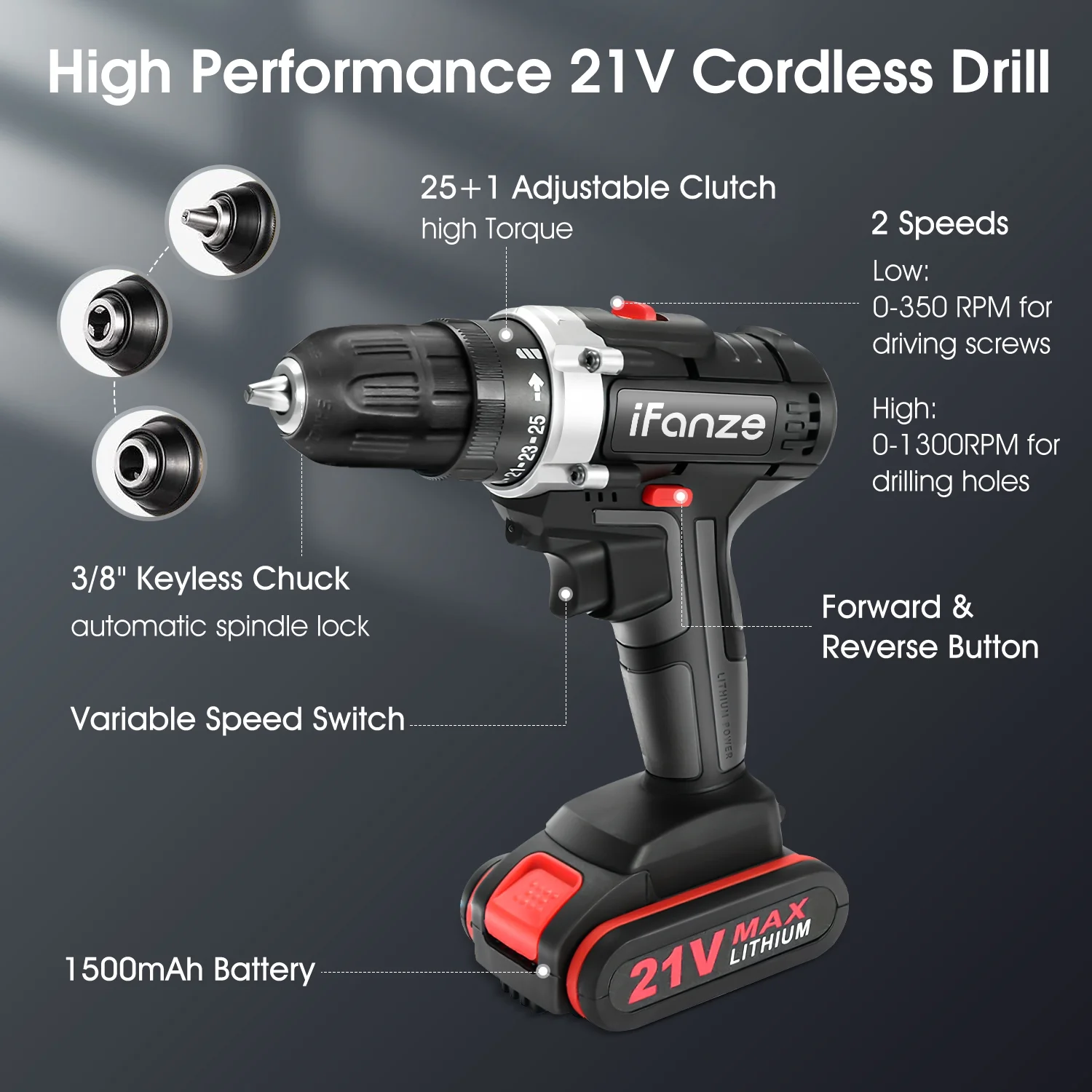 21V Cordless Drill, 3/8 inch Power Drill Driver Set with 2 Batteries Fast Charger, 2 Variable Speed, Built-in LED, Power Drill for Drilling and Tightening/Loosening Screws