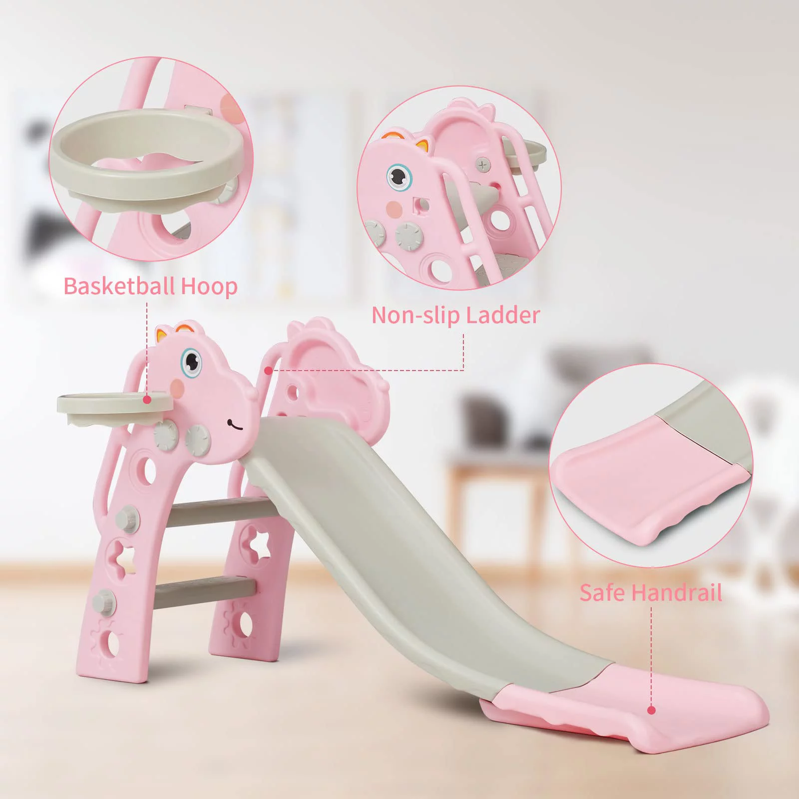 KINSUITE 3 in 1 Toddler Slide Kids Climbe Slide Set with Basketball Hoop Pink