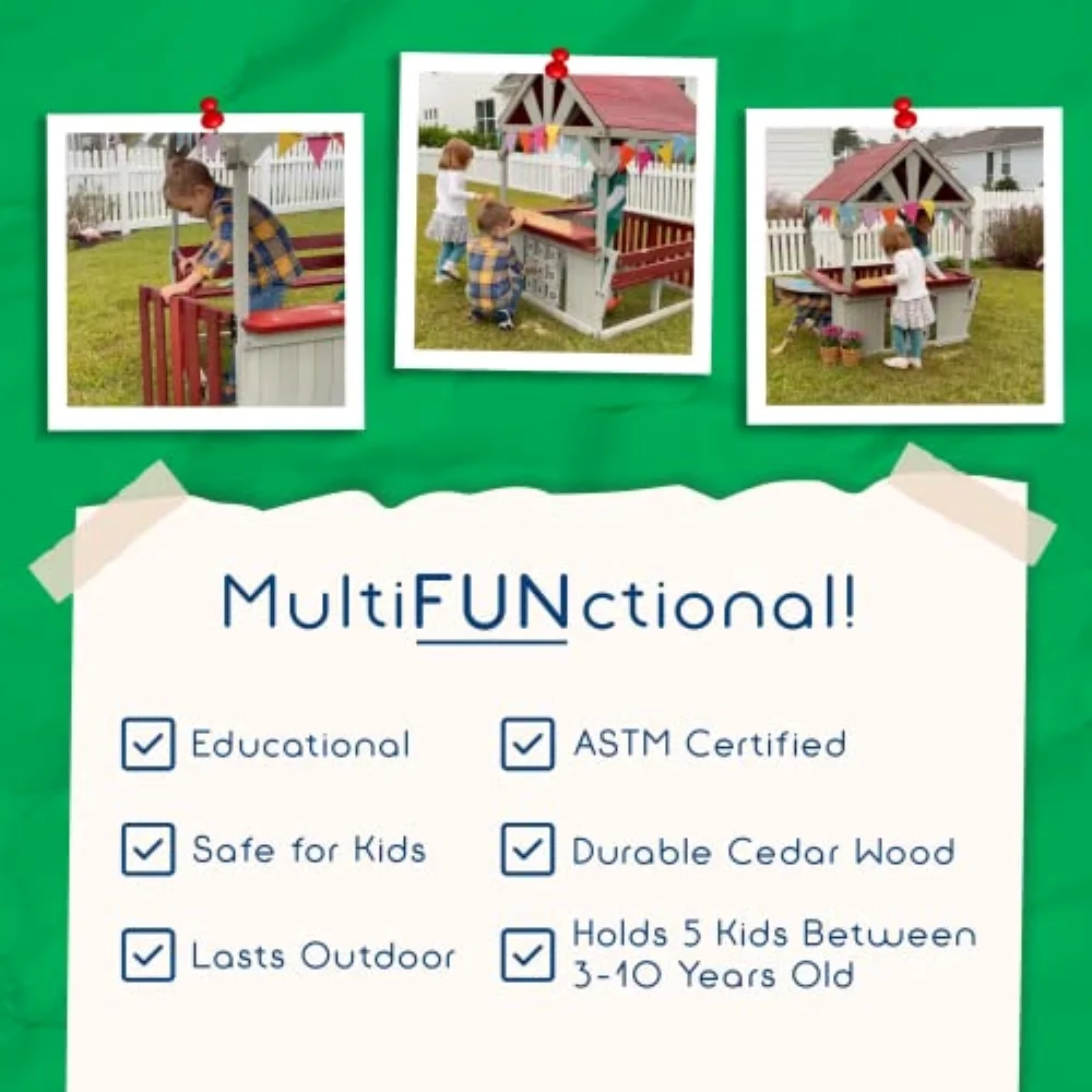 Wooden Playhouse for Kids Outdoor – Funphix Backyard Playhouse with Bench, Sandbox, Tic Tac Toe, Roof, & Doors – ASTM Certified & Easy to Assemble Kids Outdoor Playset Made of Durable Cedar Wood