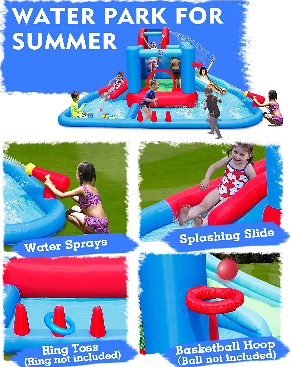 Action Air Water Slide, Inflatable Waterslides and Bouncy Castle All-in-one, Large Pool with 30 Pit Balls & 2 Dart Balls