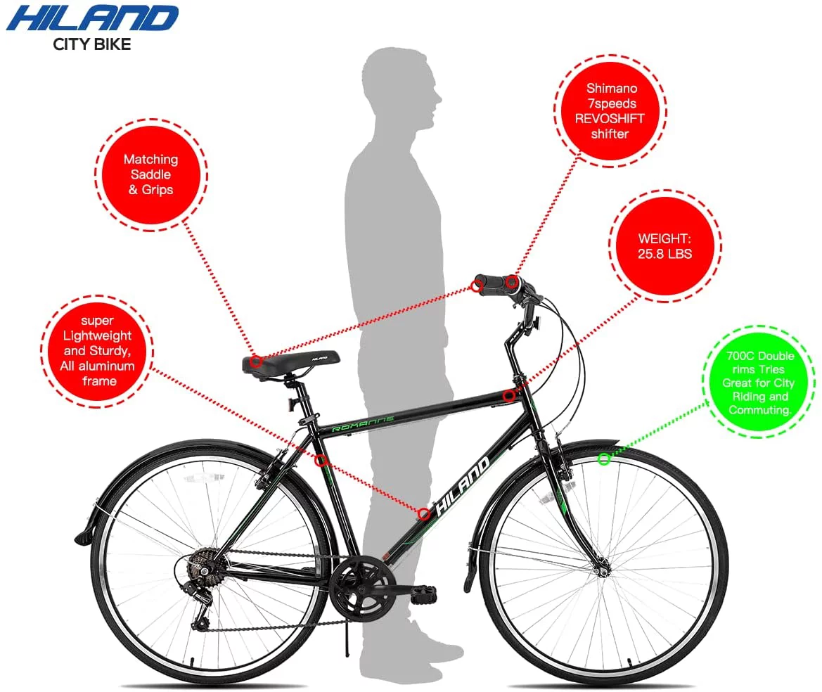 Hiland 700C Hybrid Bike, Step-Over/Step-Through Frame Commuter City Bike, Shimano 7speeds Cruiser Bicycle for Men Women