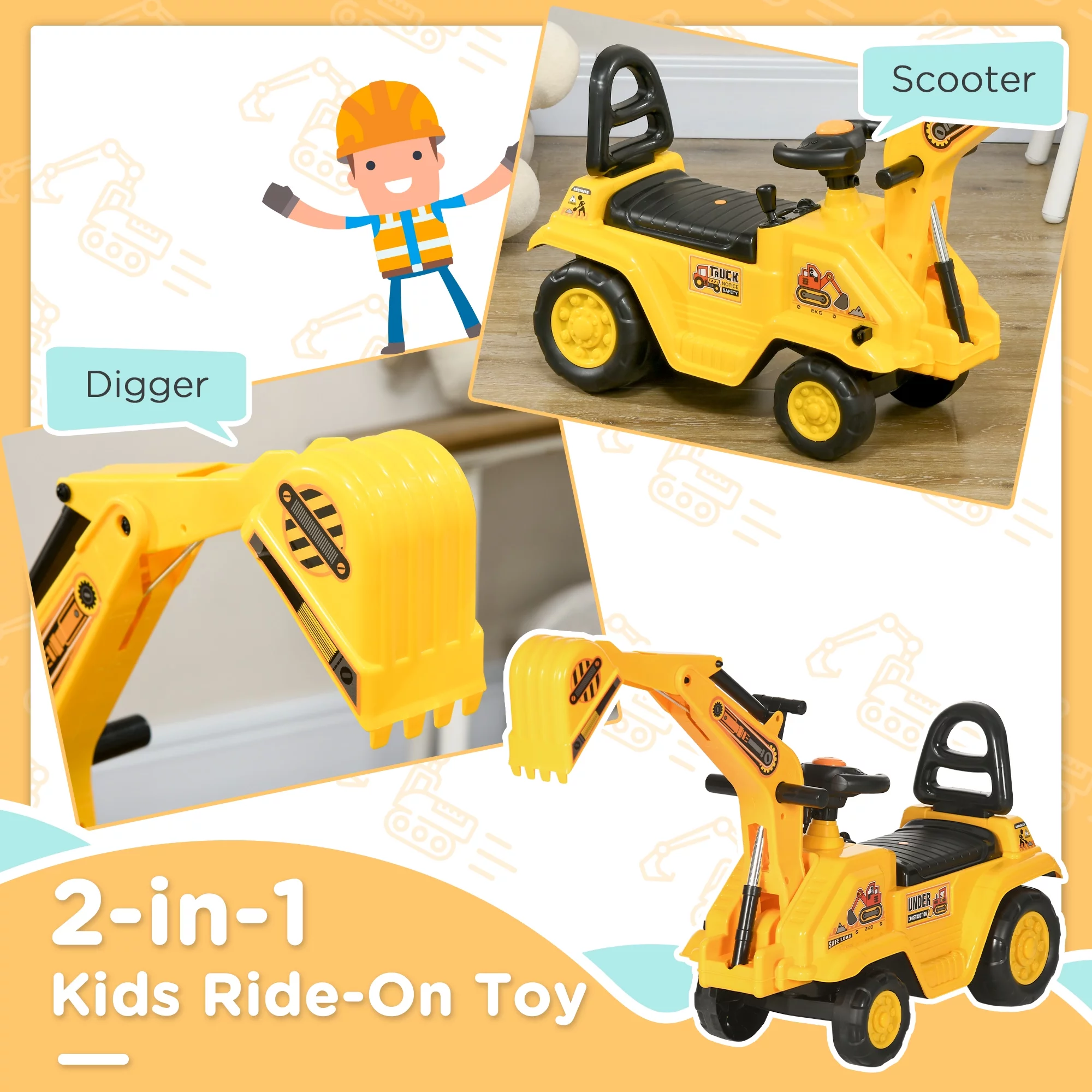 Aosom Kids Ride on Tractor with Storage, Excavator Scooter Gift for Kids