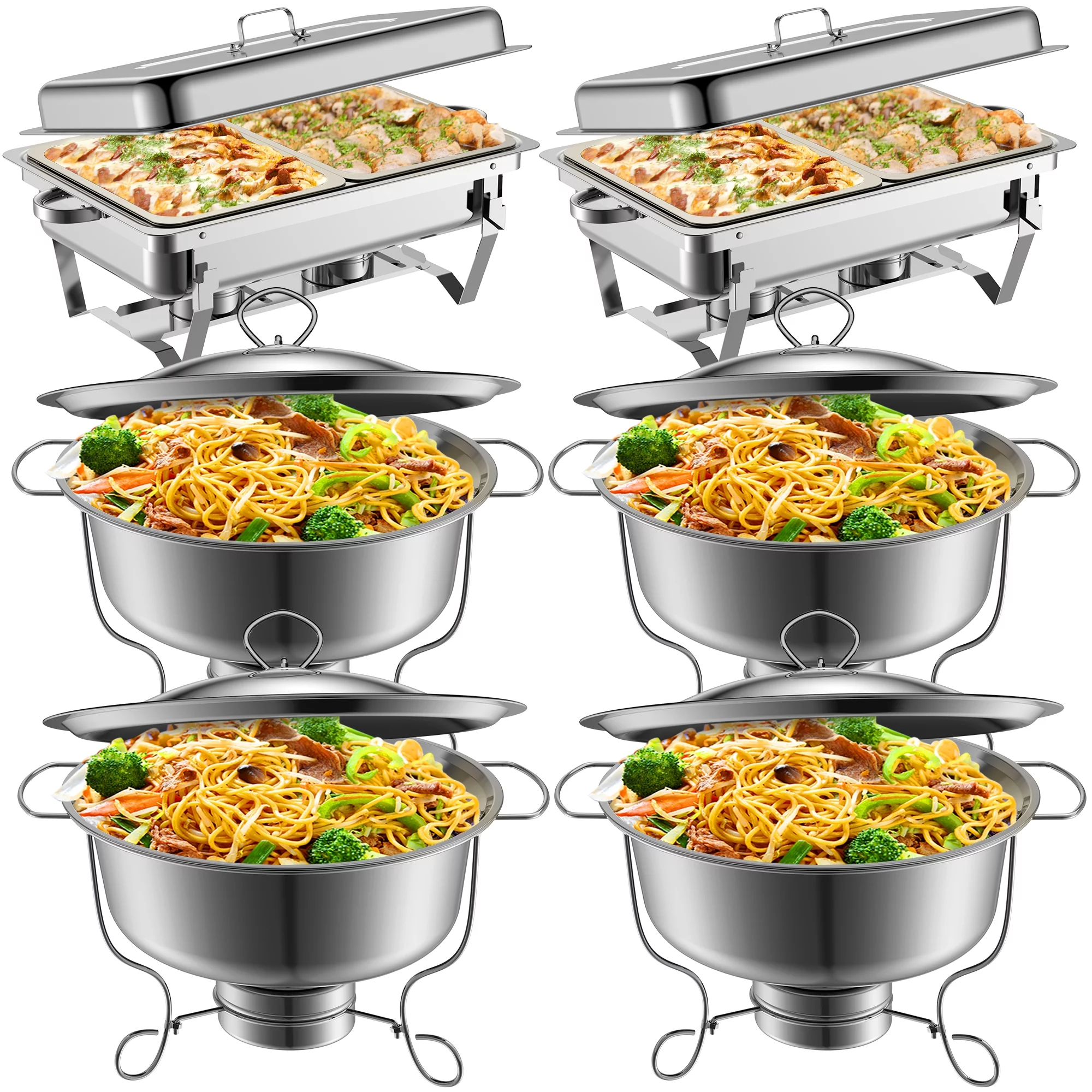 Famistar 6 Packs Chafing Dish Buffet Set Stainless Steel 2 Foldable Rectangular 4 Round Buffet Servers and Warmers Set Catering Food Warmers, 5/8 QT-Silver