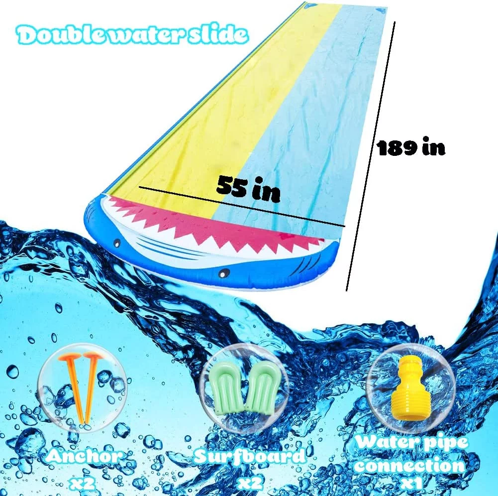 Lawn Water Slide with 2 Bodyboards for Kids, Double Racing Lane Slip Outdoor Waterslide Summer Toy with Build in Splash Sprinkler for Kids Adults Backyard Garden Outdoor Sprinklers Toy Play 16ft