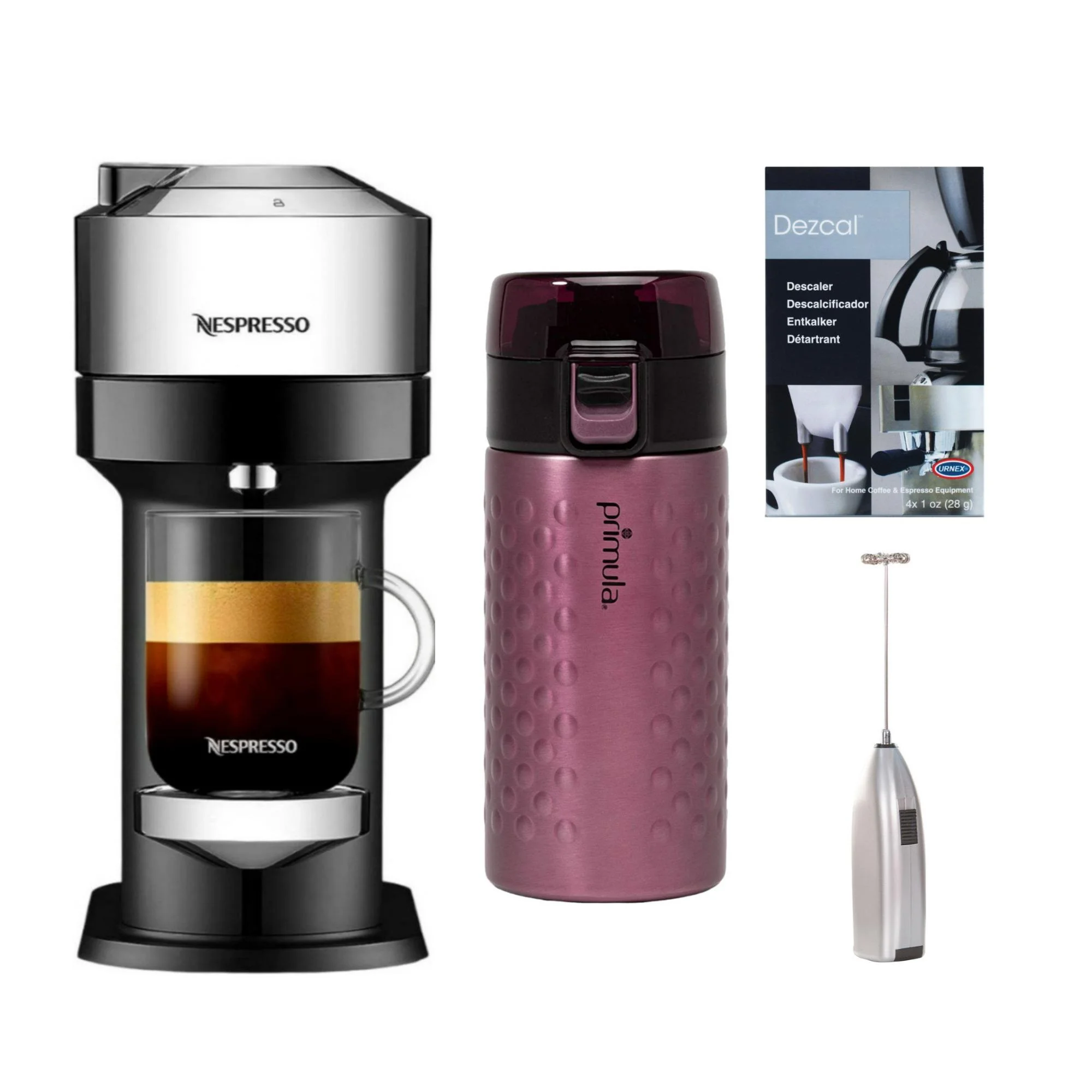 Nespresso Vertuo Espresso Machine (Silver) with Coffee Pods, Tumbler, Descaling Powder and Frother