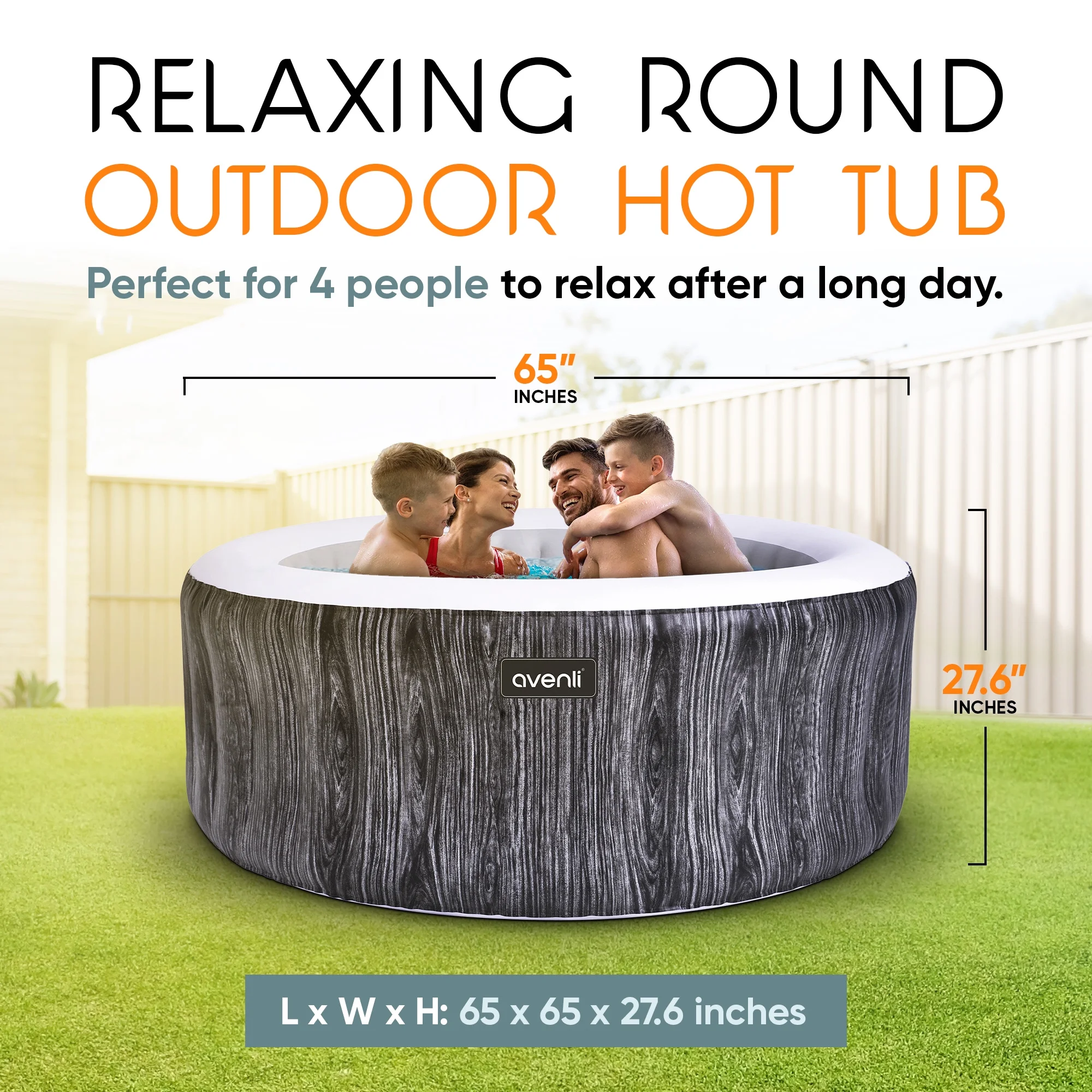 JLeisure Greywood 65″ 4 Person Inflatable Round Outdoor Hot Tub Spa, Gray