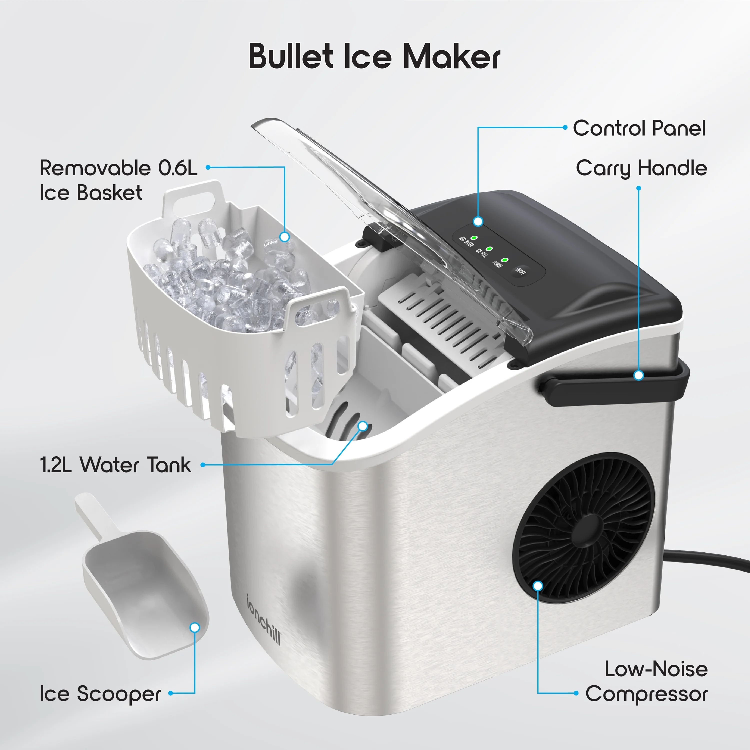 Ionchill Quick Cube Ice Machine, 26lbs/24hrs Portable Countertop Bullet Cubed Ice Maker