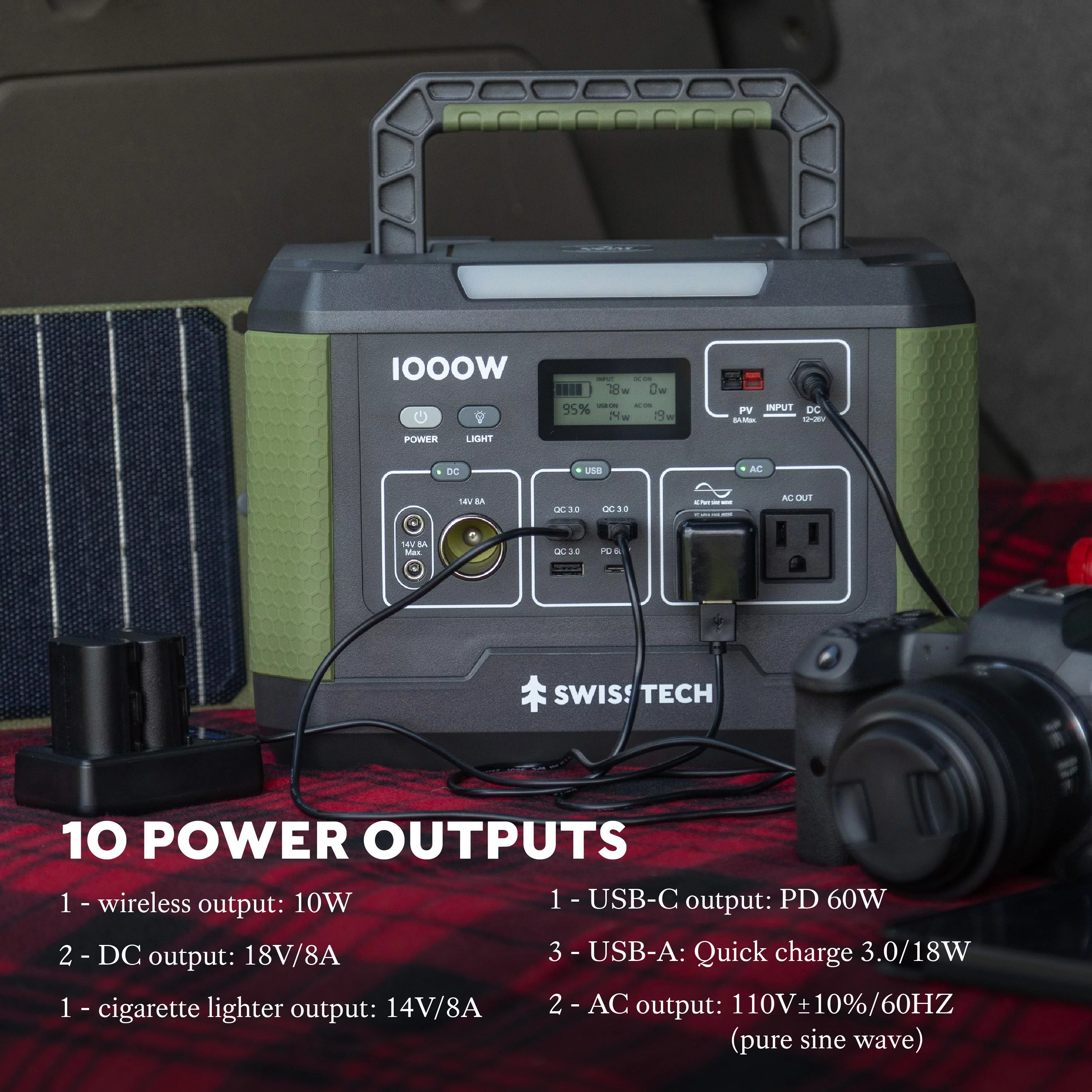 Swiss Tech 1000W Portable Power Station, 999Wh, Solar Powered Battery for Camping and Travel Emergency