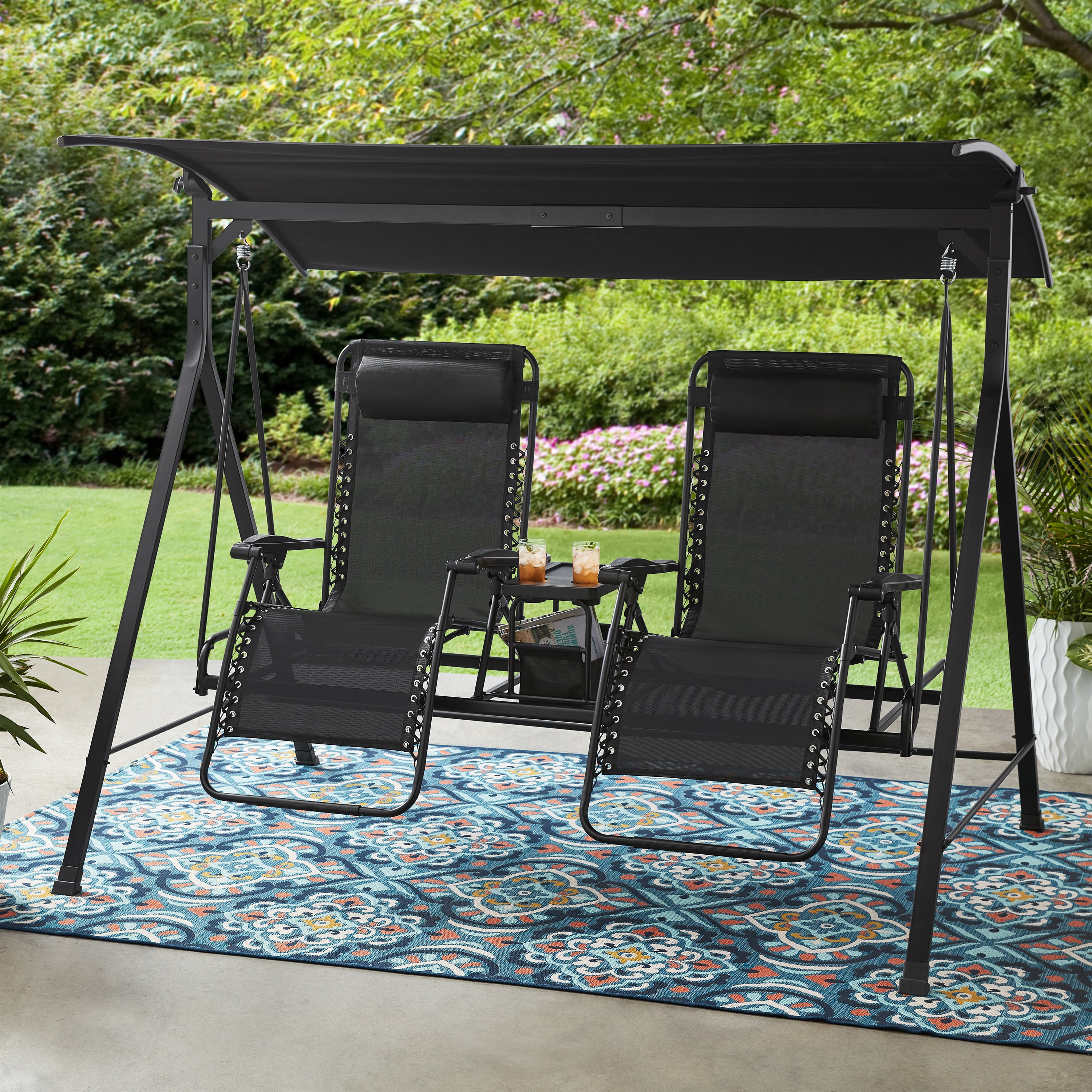 Mainstays 2-Seat Reclining Oversized Zero-Gravity Swing with Canopy and Center Storage Console, Black