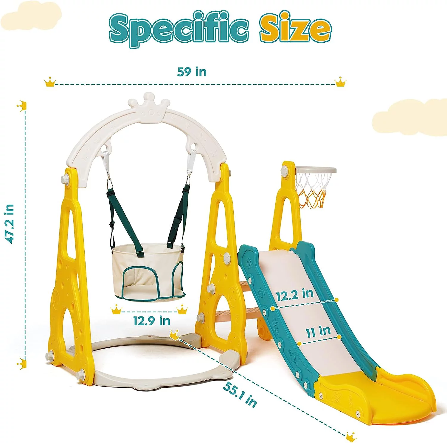 Ealing 4 in 1 Toddler Swing and Slide Playset for Age 1-3 Indoor Outdoor Playground Baby Swing Set with Slide Climber Basketball Hoop for Boys and Girls (Yellow)