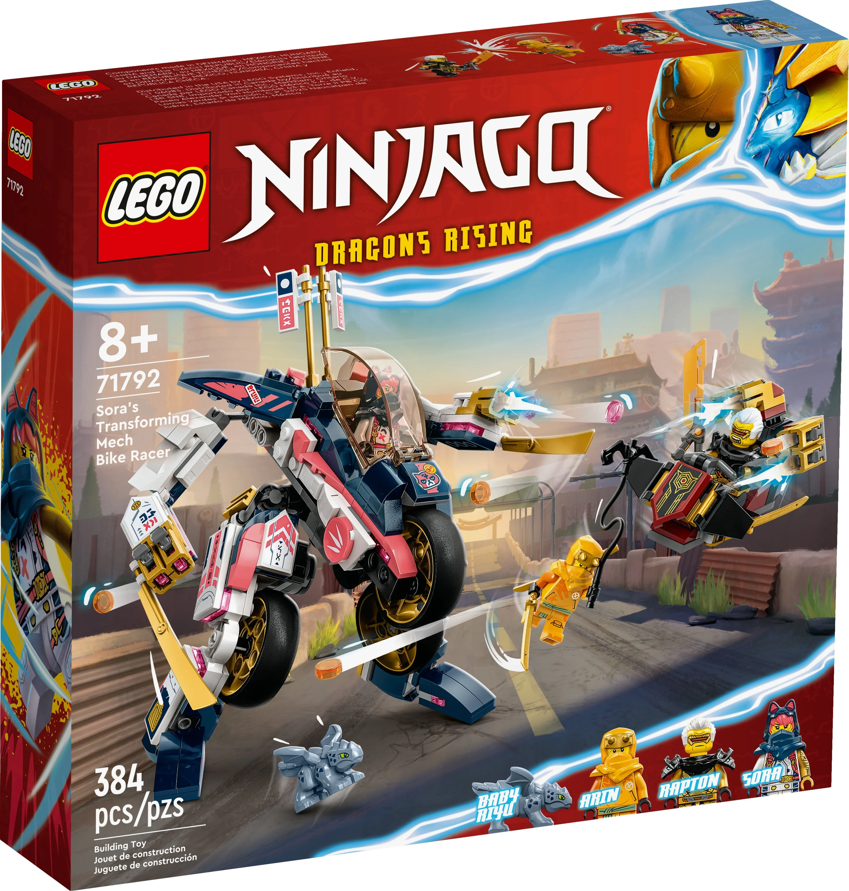 LEGO NINJAGO Sora’s Transforming Mech Bike Racer 71792 Building Toys for Kids, Featuring a Mech Ninja bike racer, a Baby Dragon and 3 Minifigures, Gift for Kids Aged 8+