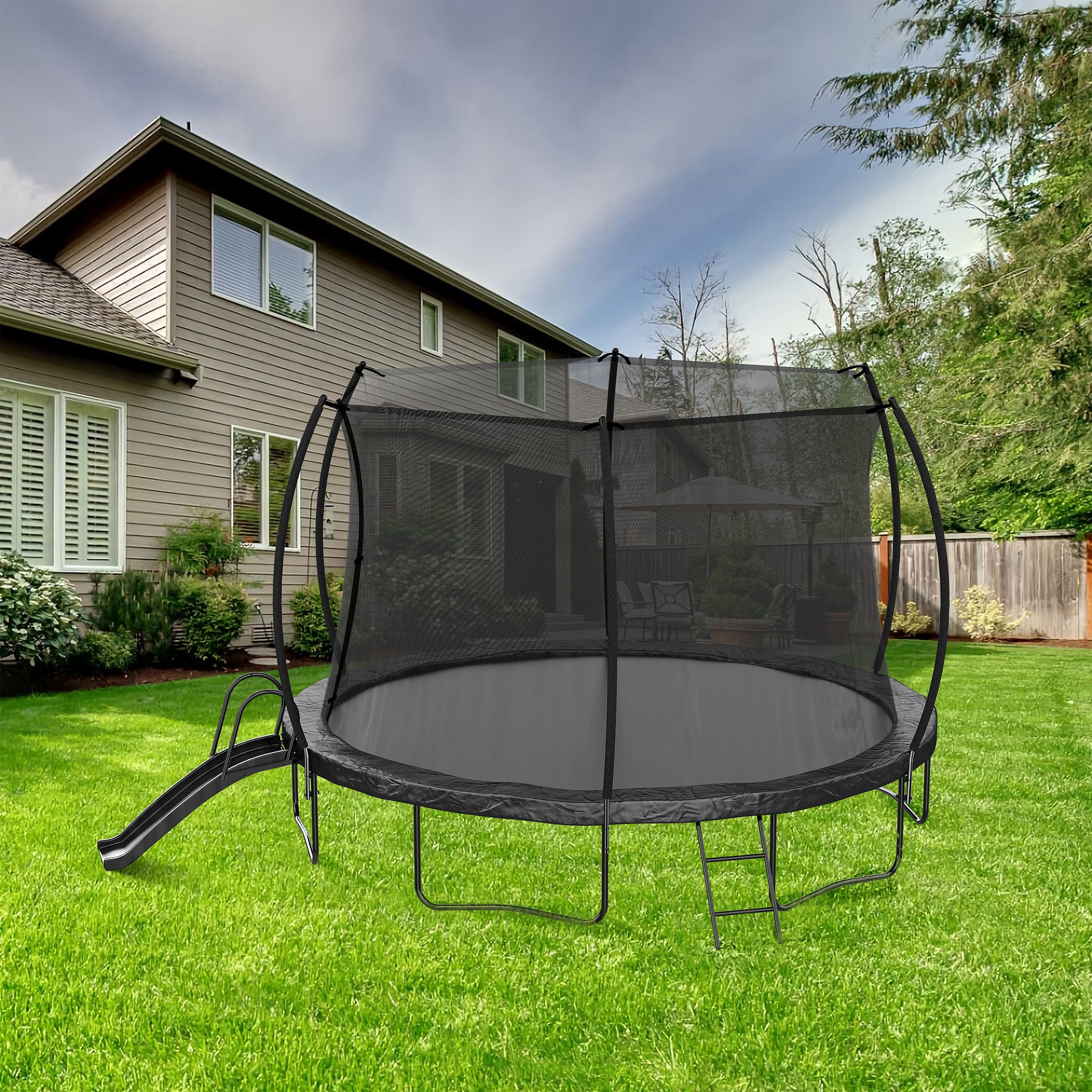 Soges 12FT Trampoline with Slide for Kids and Adults Outdoor Trampoline with Ladder and Safety Enclosure Net Pumpkin Trampoline with Curved Poles Heavy Duty Recreational Backyard Trampoline 1200LBS