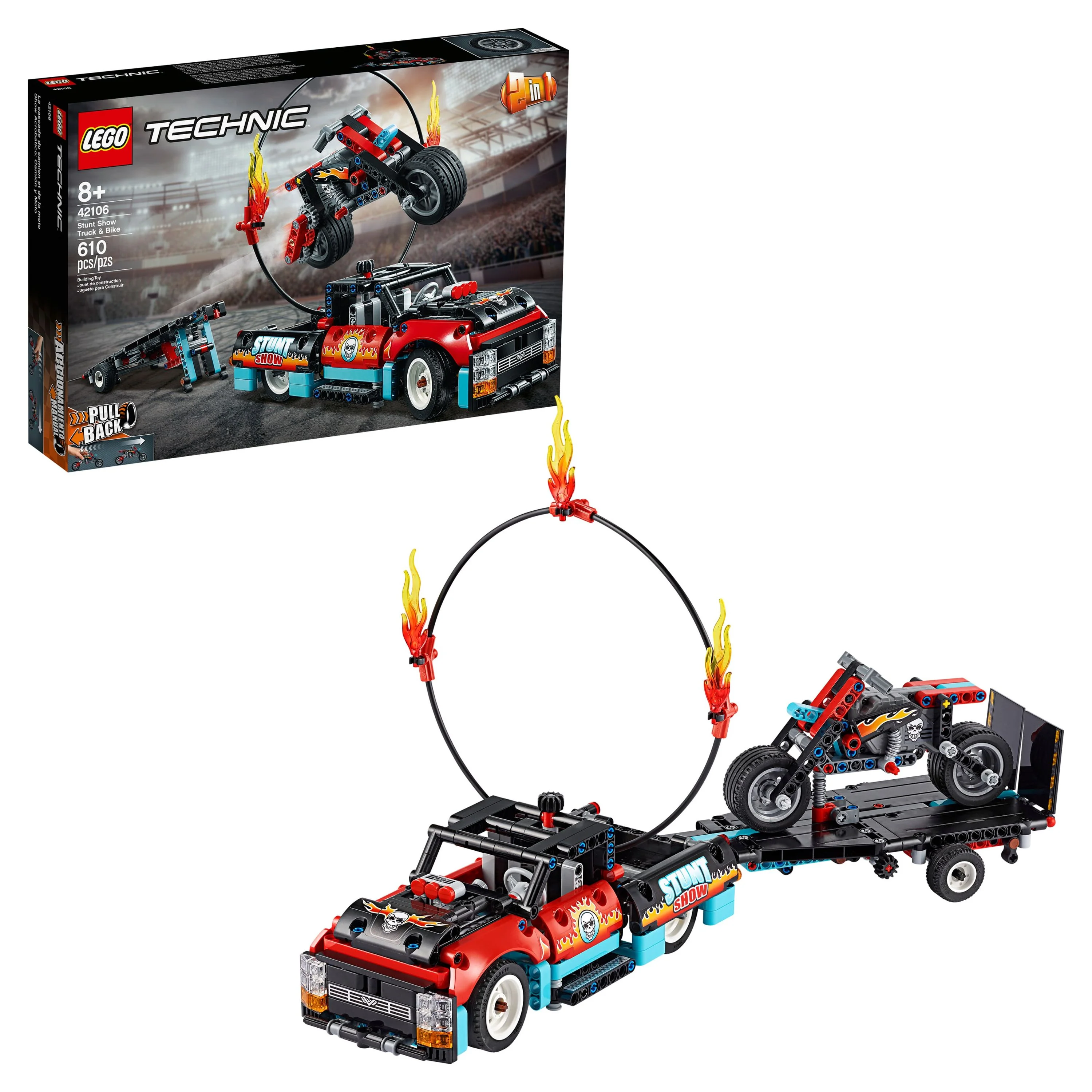 LEGO Technic Stunt Show Truck & Bike 42106 Building Kit with Motorcycle, Toy Truck and Trailer (610 pieces)