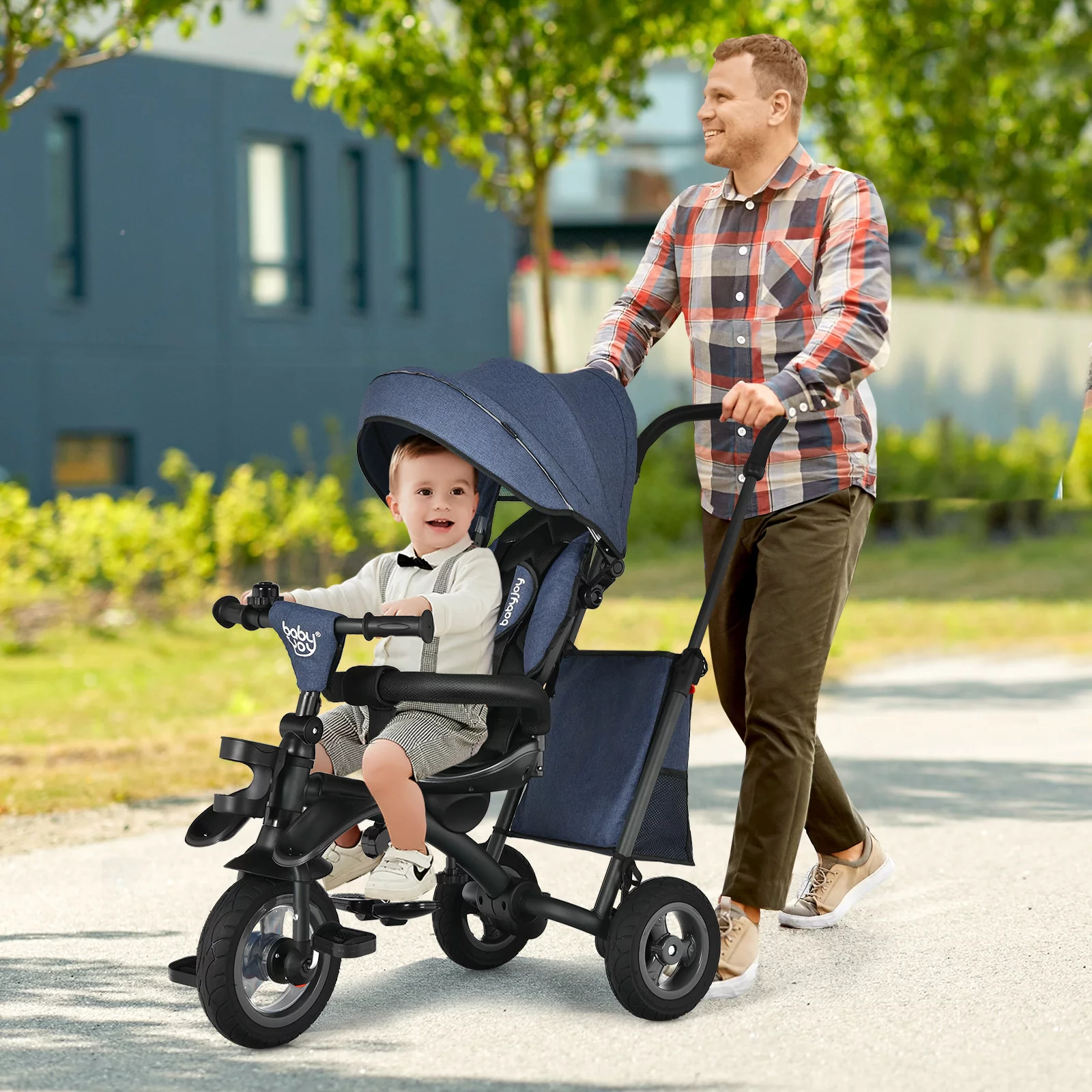 Infans 7-In-1 Kids Baby Tricycle Folding Steer Stroller w/ Rotatable Seat Blue