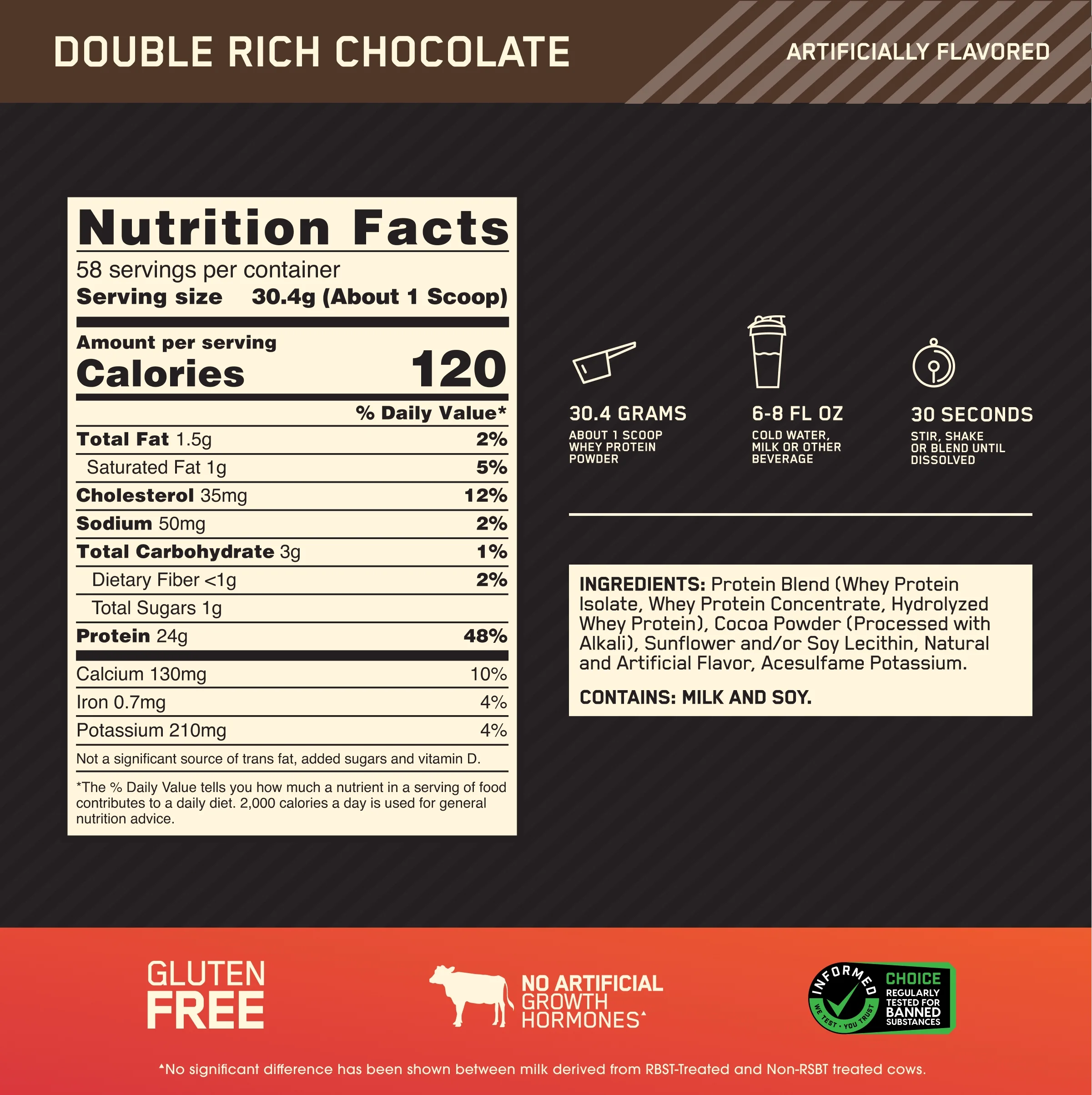 Optimum Nutrition, Gold Standard 100% Whey Protein Powder, Double Rich Chocolate, 58 Servings