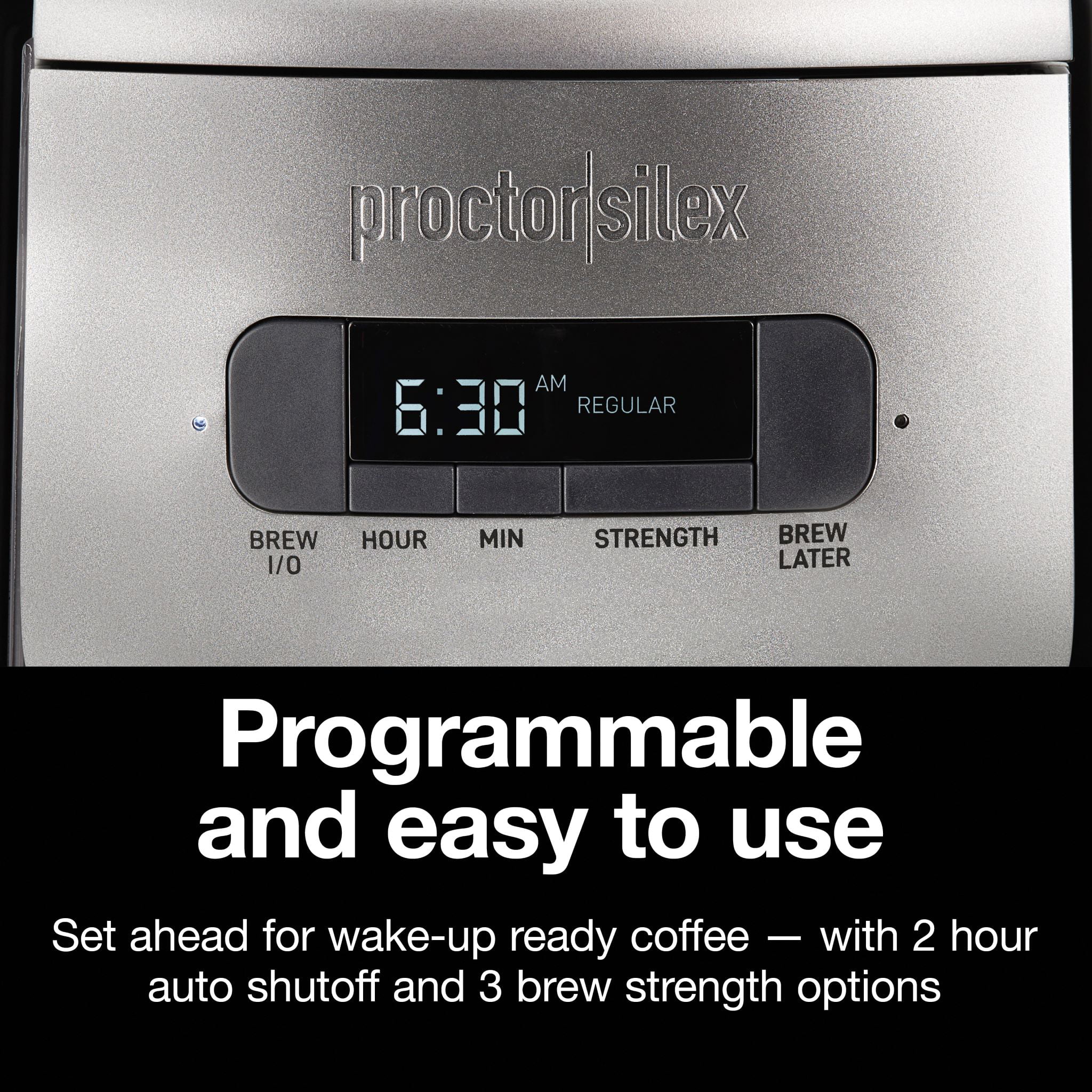 Proctor Silex Front Fill Programmable Coffee Maker, Glass Carafe, 12 Cup Capacity, Black and Silver, 43687