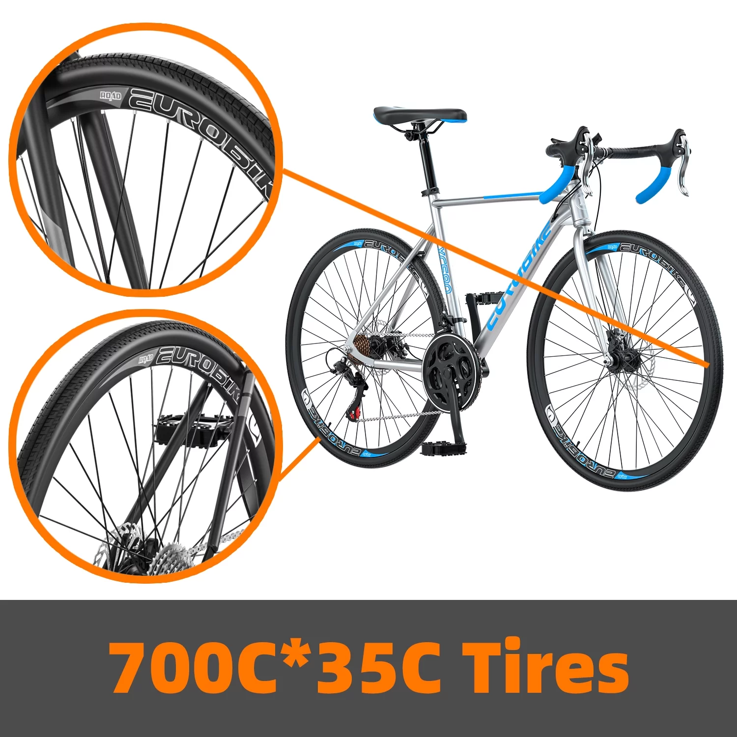 Gravel Bike Eurobike XC580 Road Bike Mens 54cm Frame Bicycle 700C*35C Wheels Commuter Bicycles Large Adult Silver-blue