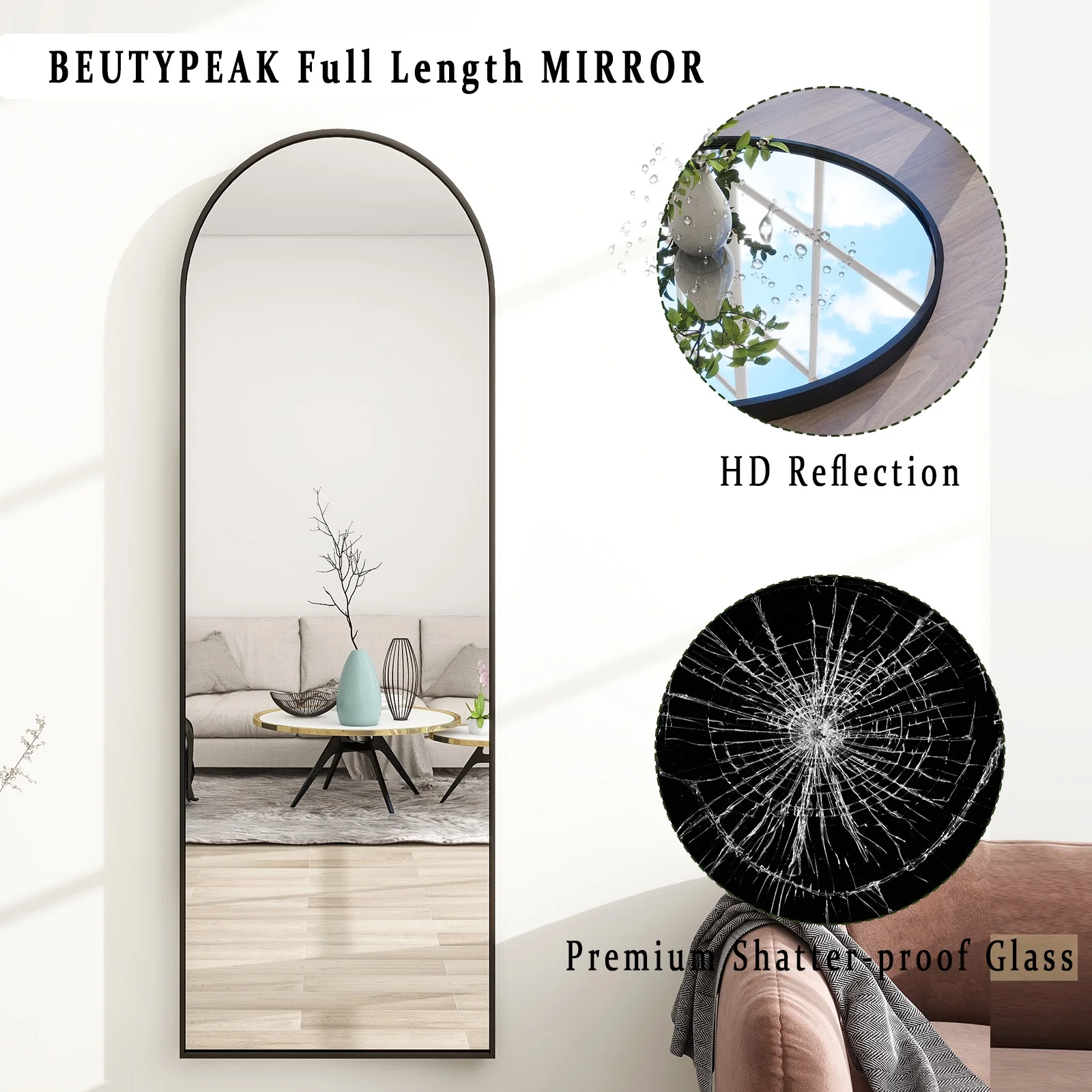 BEAUTYPEAK Arched Full Length Floor Mirror 58″x18″ Full Body Standing Mirror,Black