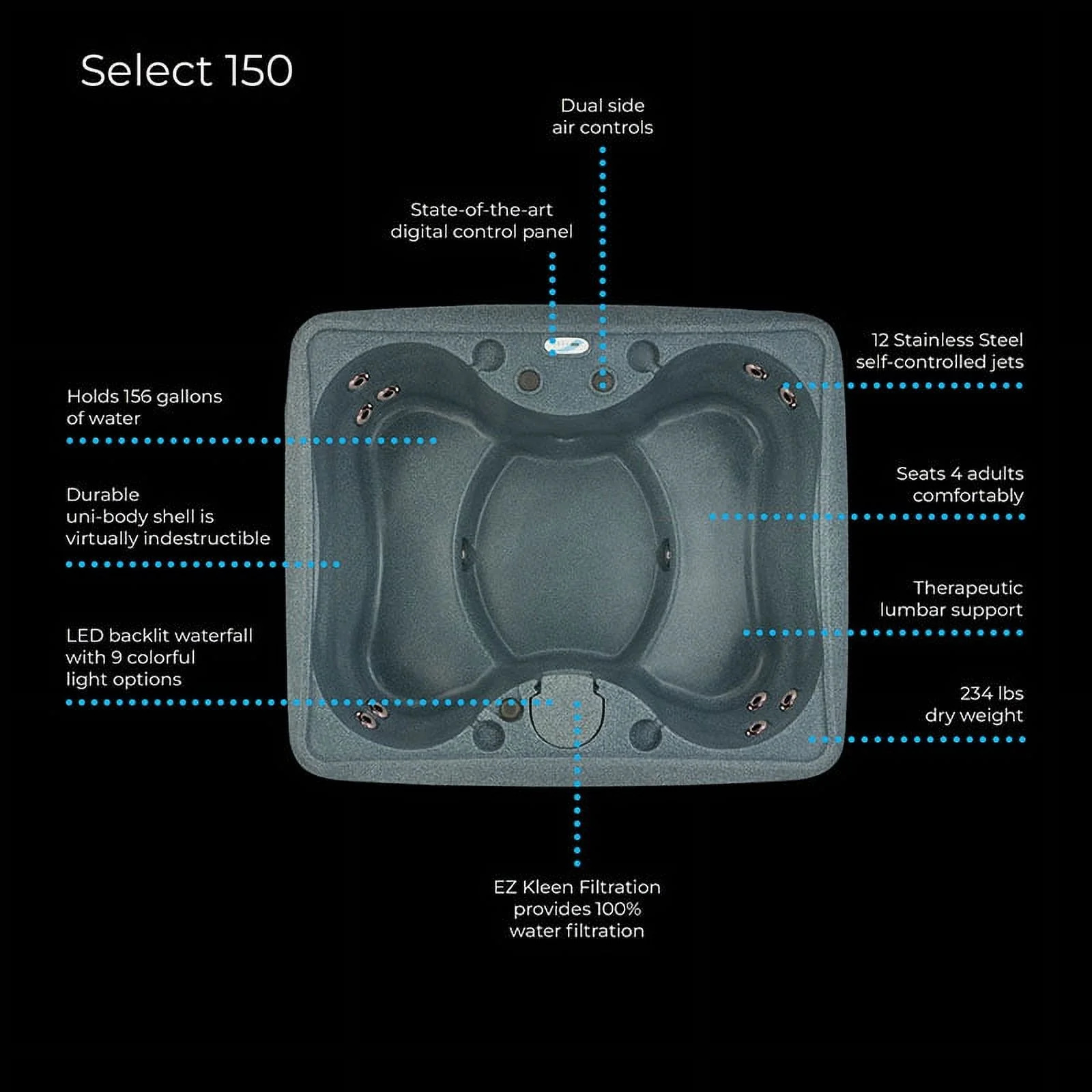 AquaRest Spas AR-150 Select 4- Person 12 – Jet- Plug and Play Hot Tub w/LED Waterfall – Graystone