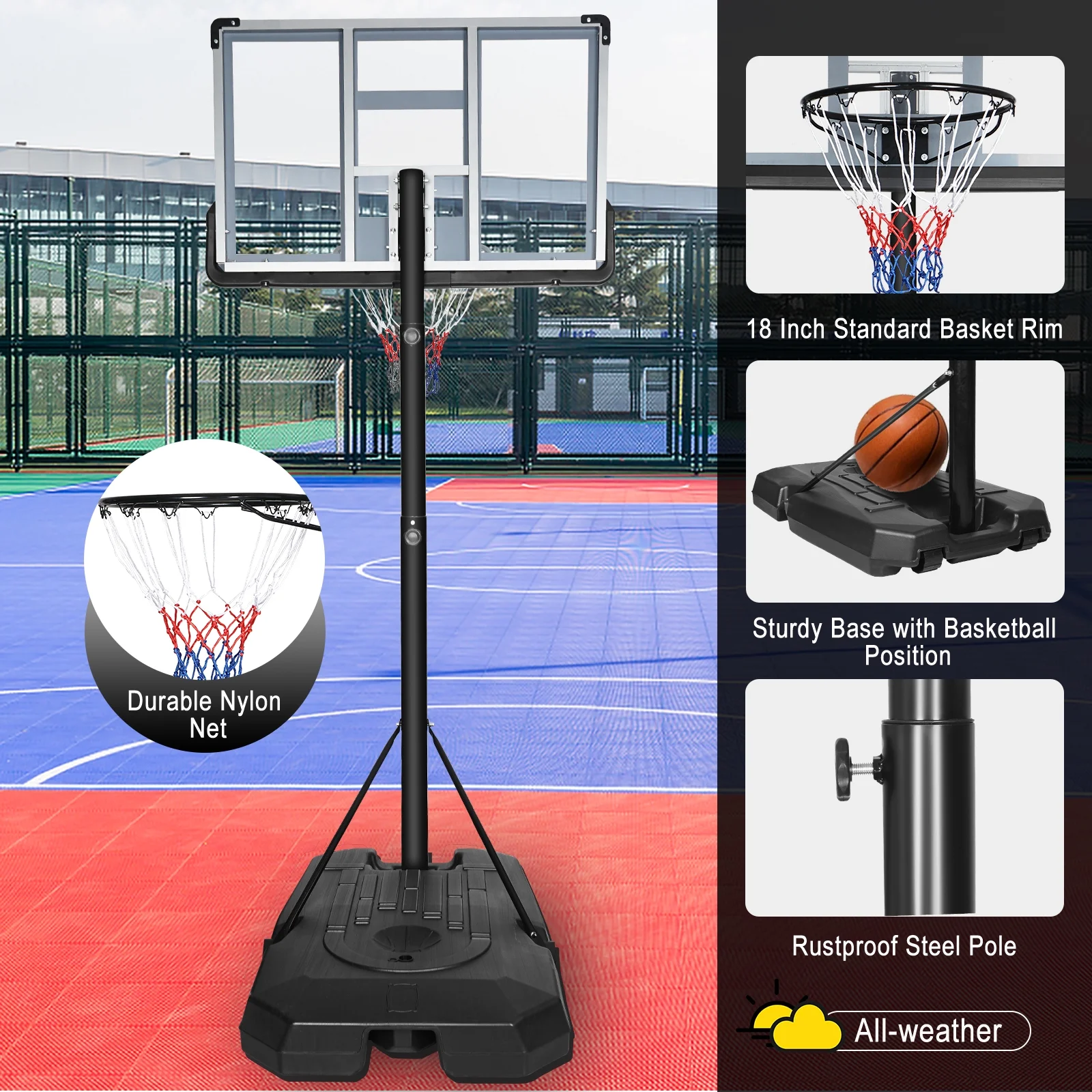 GIKPAL 44?? Backboard with 3 Gear Adjustable Portable Basketball Hoop Goal System from 6.6-10ft  for Kids/Adults Indoor Outdoor