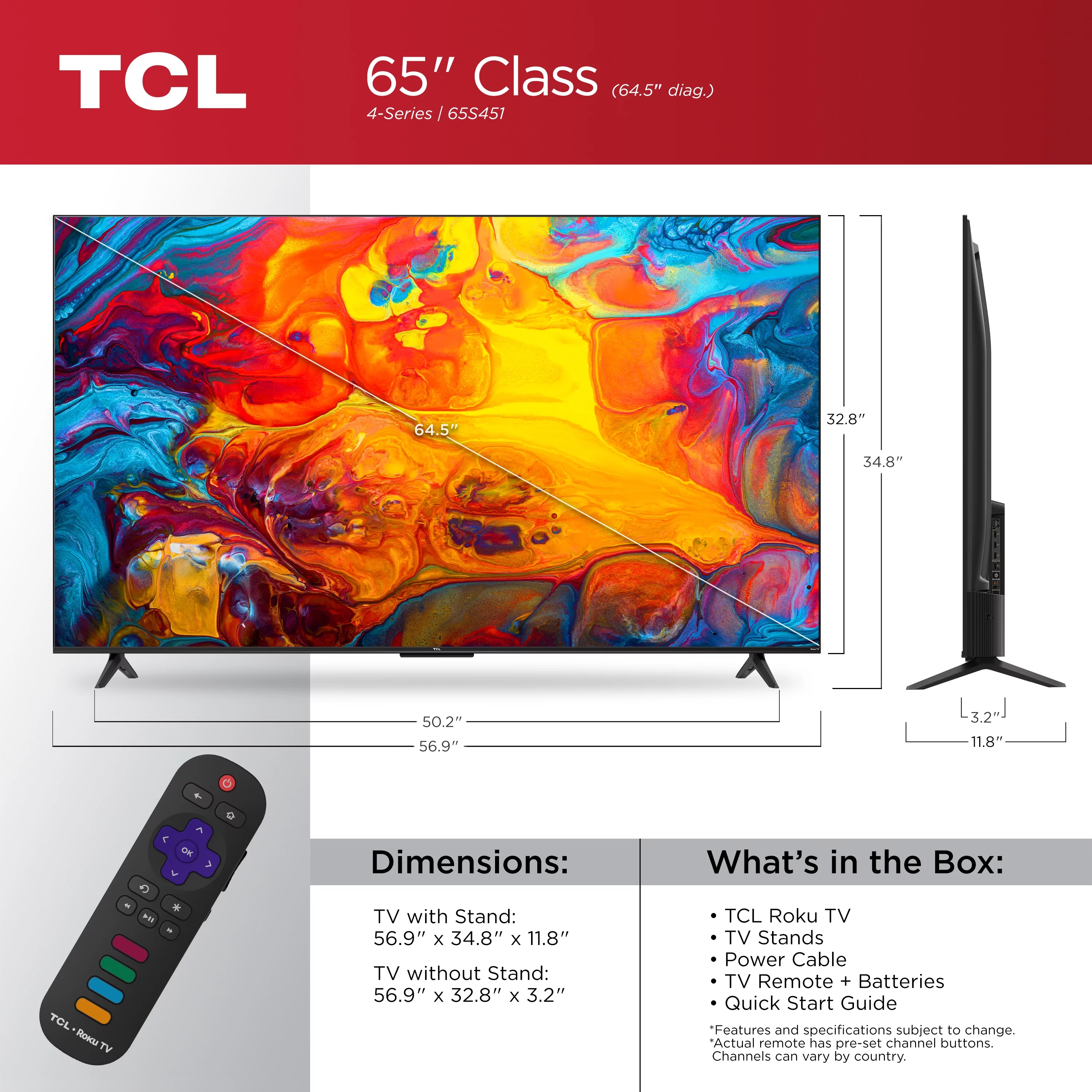 TCL 65″ Class 4-Series 4K UHD HDR Smart Roku TV – 65S451