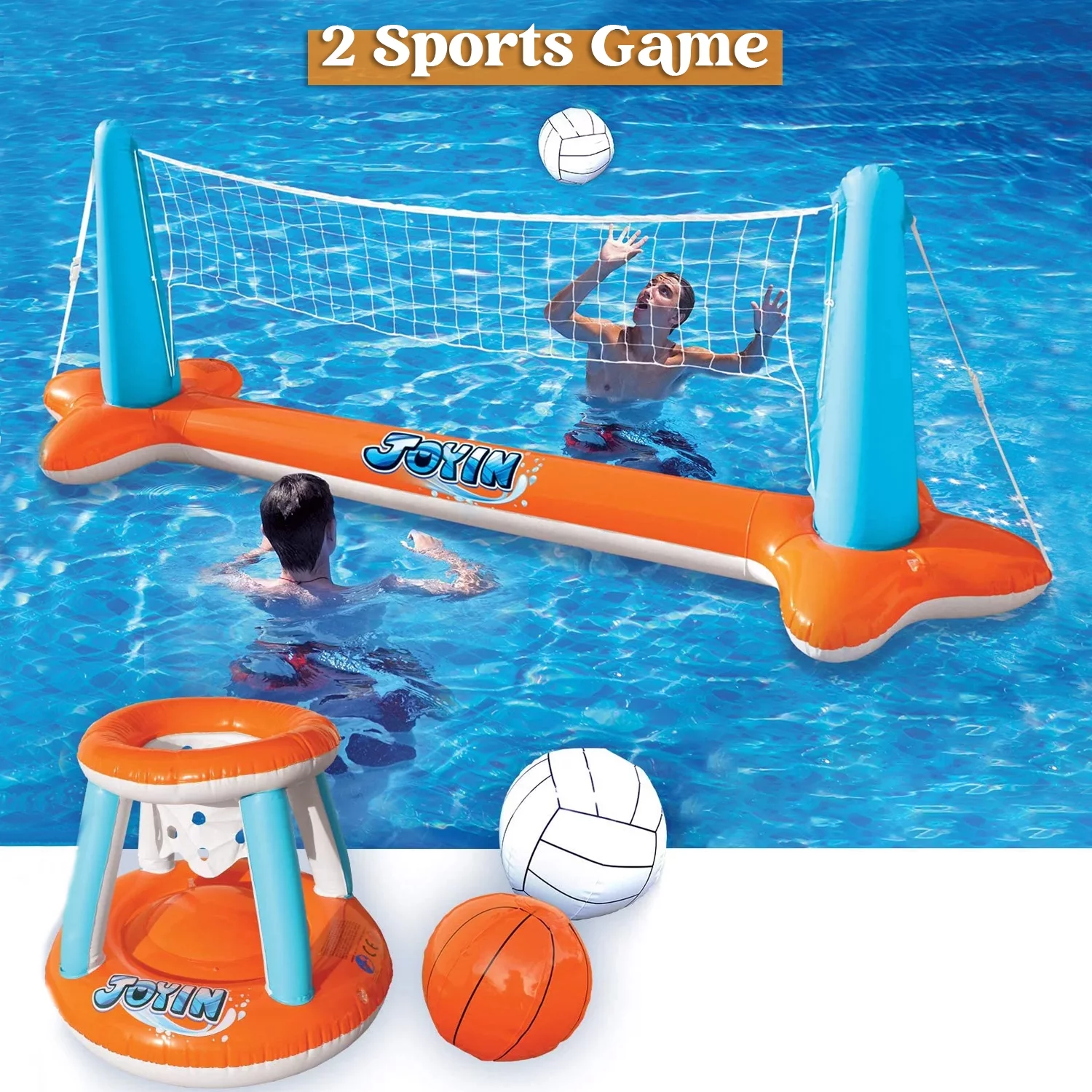 Joyin 2 Sets Inflatable Pool Game Float Set Volleyball Net & Basketball Hoops, Kids, Adult, Summer Floaties, Orange