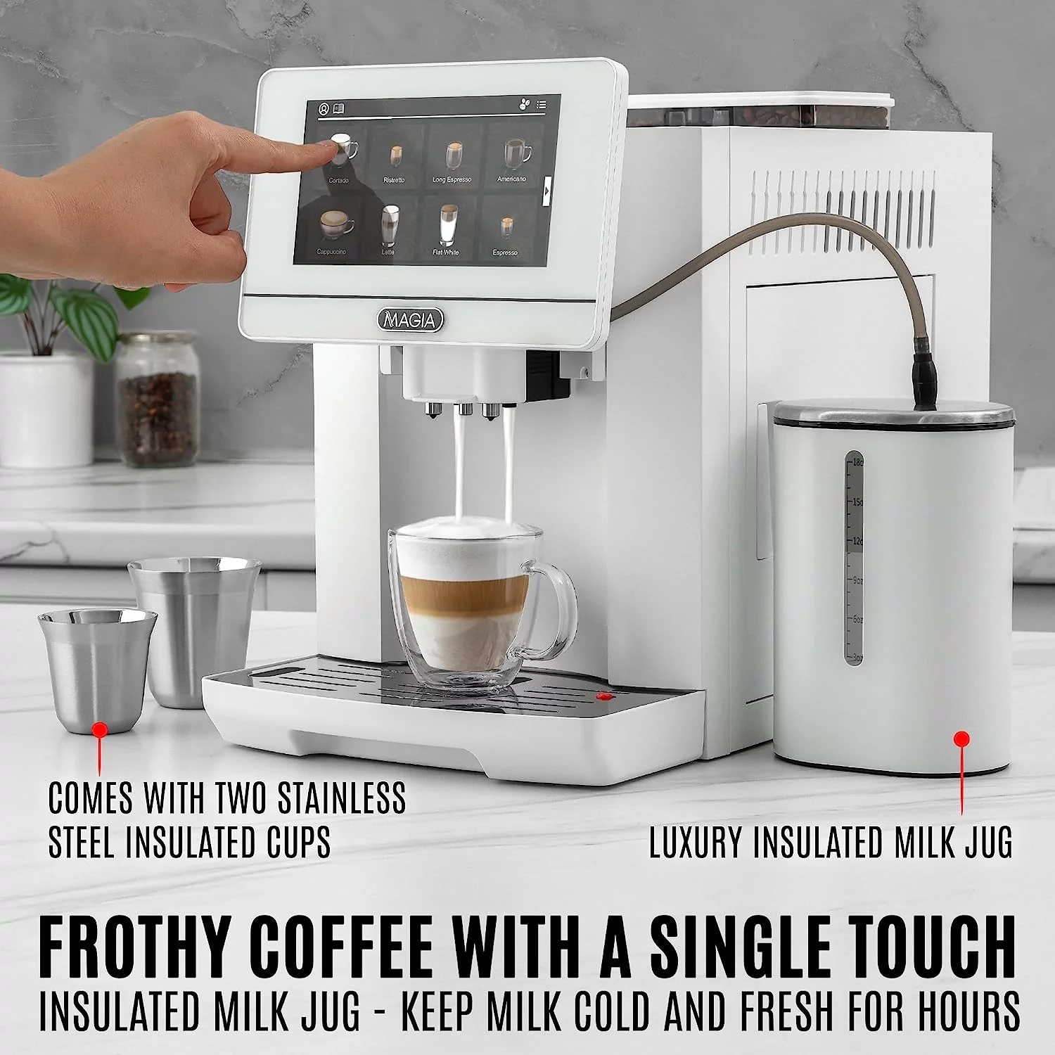 Zulay Kitchen Super Automatic Coffee Espresso Machine with Grinder and Milk Frother  – Espresso Coffee Maker – White Magia