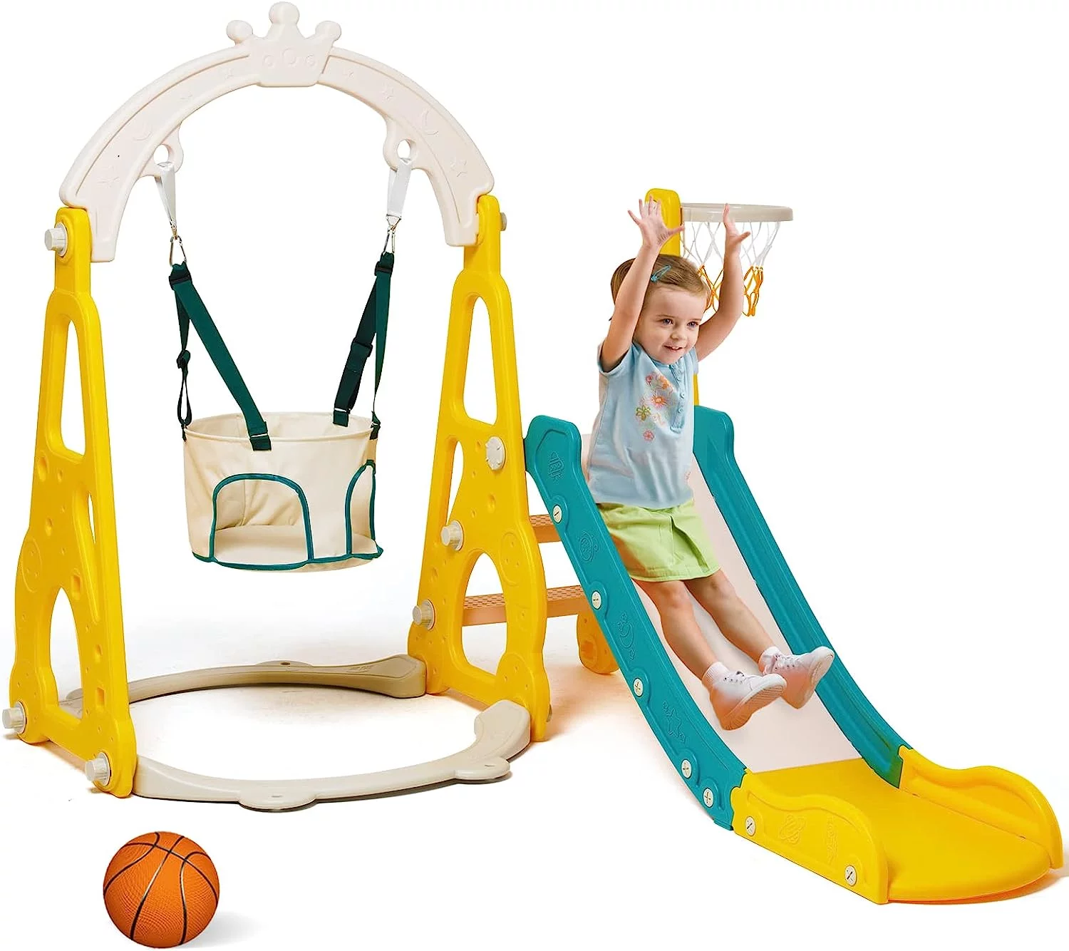 Ealing 4 in 1 Toddler Swing and Slide Playset for Age 1-3 Indoor Outdoor Playground Baby Swing Set with Slide Climber Basketball Hoop for Boys and Girls (Yellow)