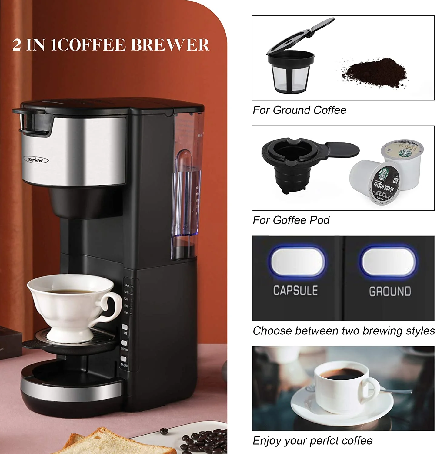 Superjoe Single Serve Coffee Maker for Single Cup Pod & Coffee Ground, Compact Coffee Brewer with 6 to 14 oz Brew Sizes, Black Coffee Machine with Water Reservoir