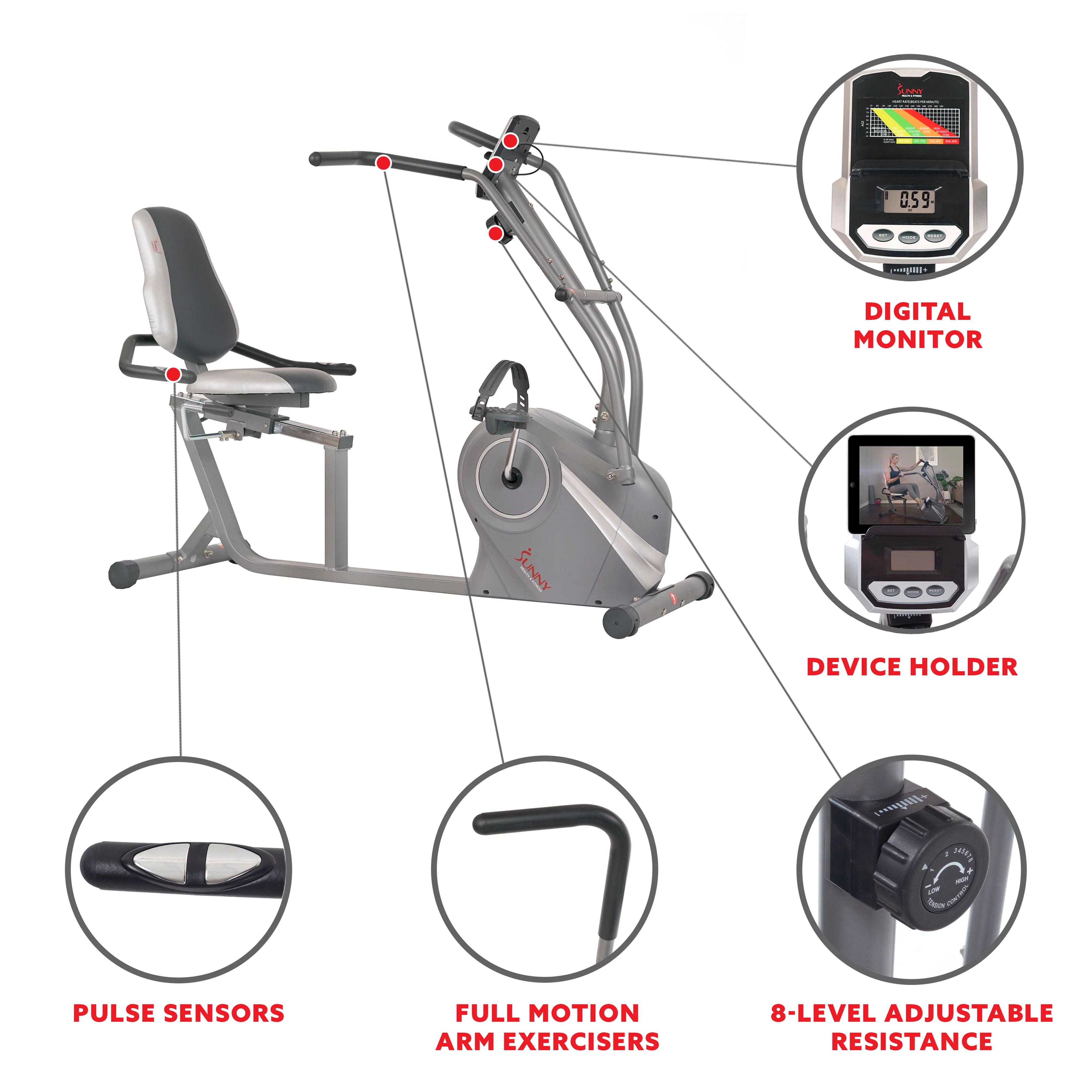 Sunny Health & Fitness Cross Trainer Magnetic Recumbent Bike with Arm Exercisers for Indoor Cardio with Pulse Sensors, SF-RB4936