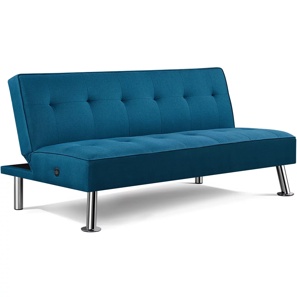 Alden Design Modern Fabric Convertible Futon with USB, Blue