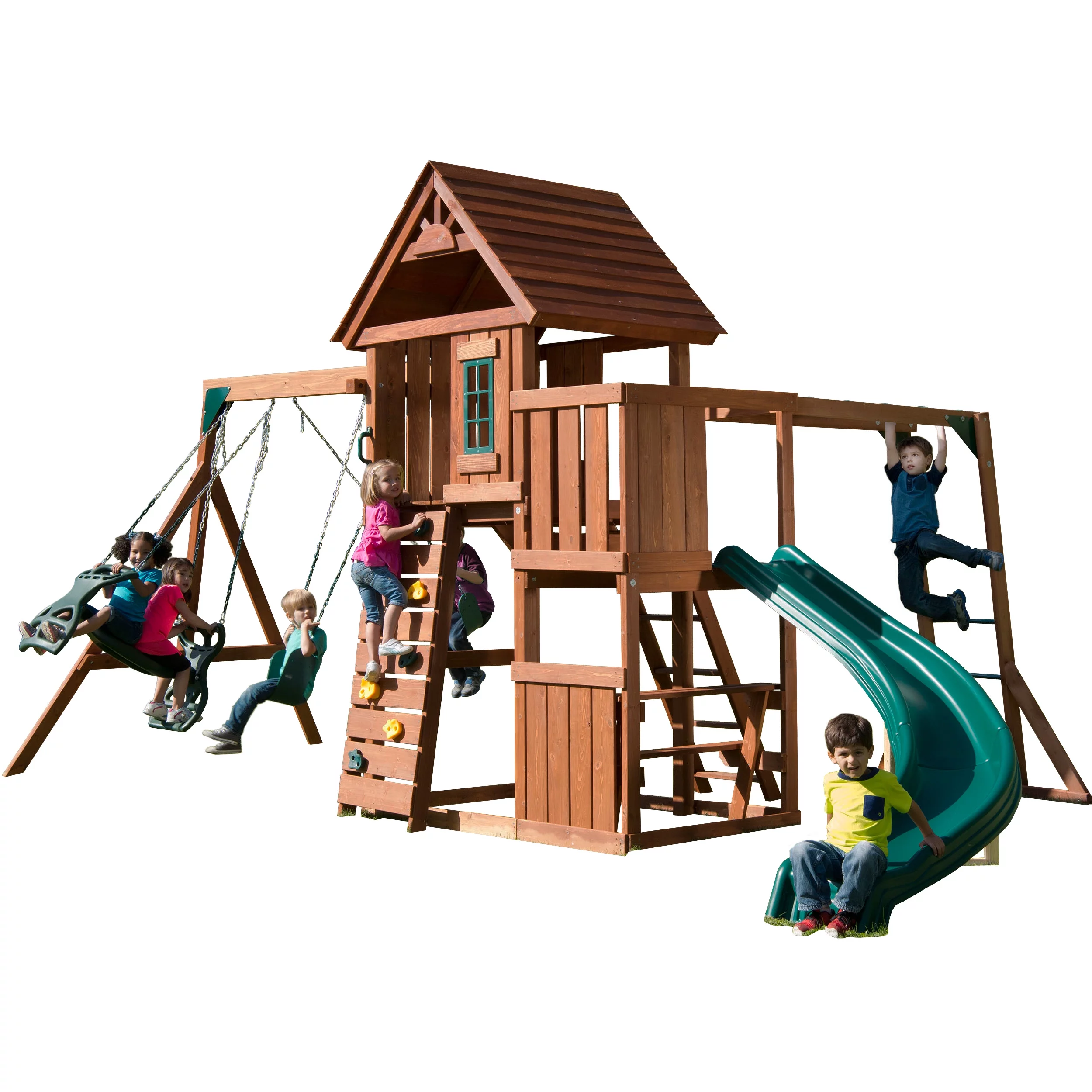 Swing-N-Slide Cedar Brook Wooden Backyard Play Set with Monkey Bars, Swings, Climbing Wall, and Curved Slide