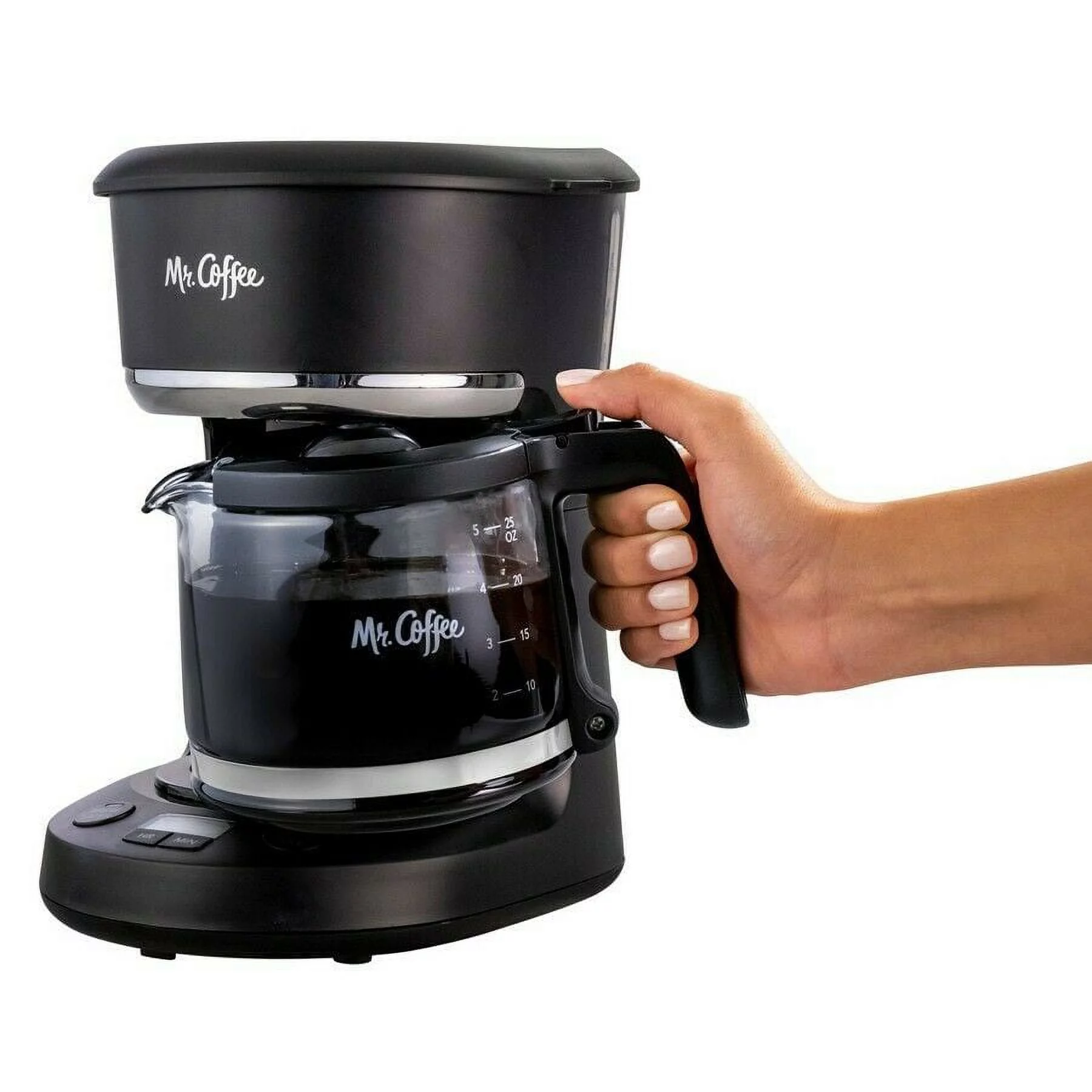 Mr. Coffee 5-Cup Programmable Coffee Maker, 25 oz. Mini Brew, Brew Now or Later, Black & Chrome