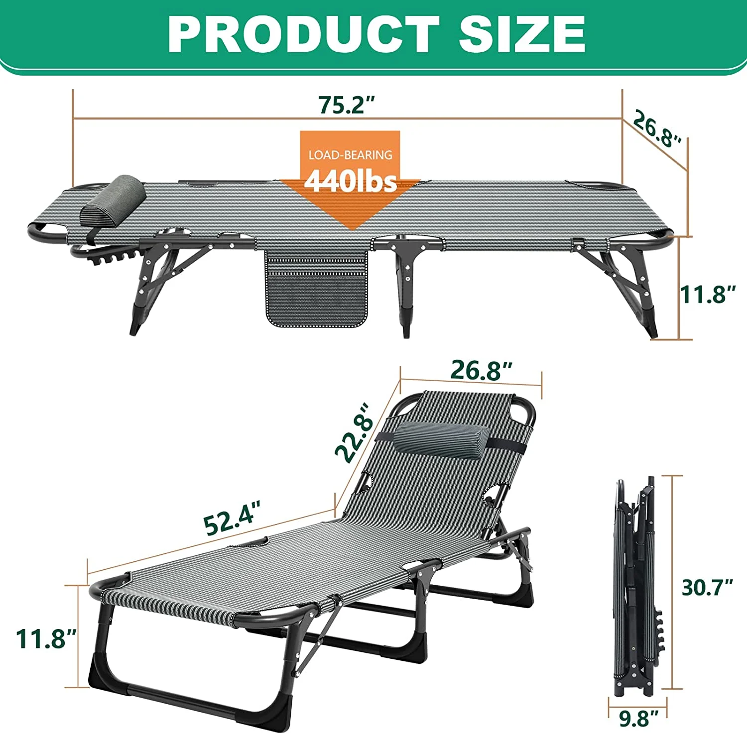 Slsy Portable Folding Camping Cot Bed with 2 Sided Mattress & Pillow, Adjustable 5-Position Folding Lounge Chair, Folding Cot Bed