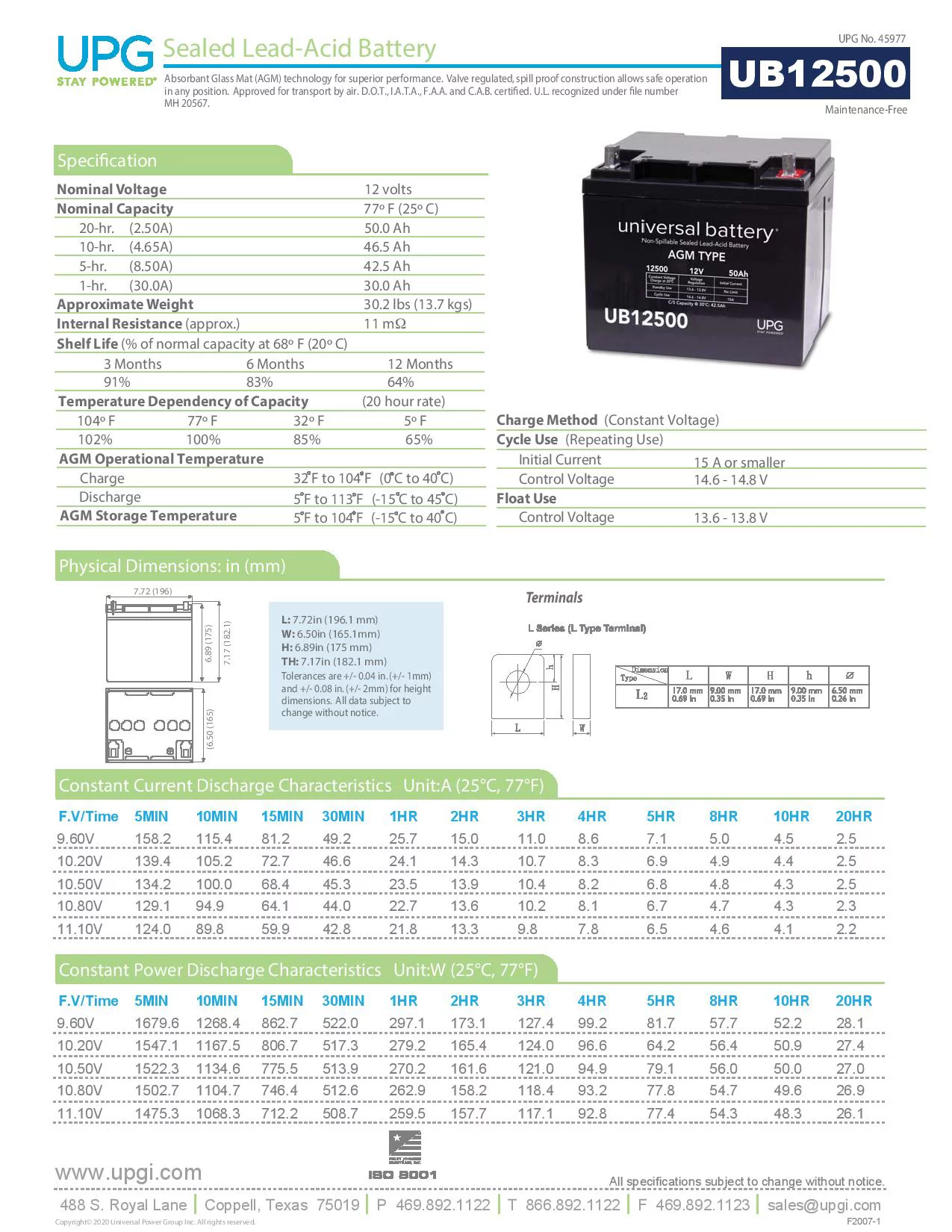 UPG UB12500 12V 50Ah L2 AGM Battery Mobility Power Chair Scooter Wheelchair Permobile ActiveCare MK M50-12