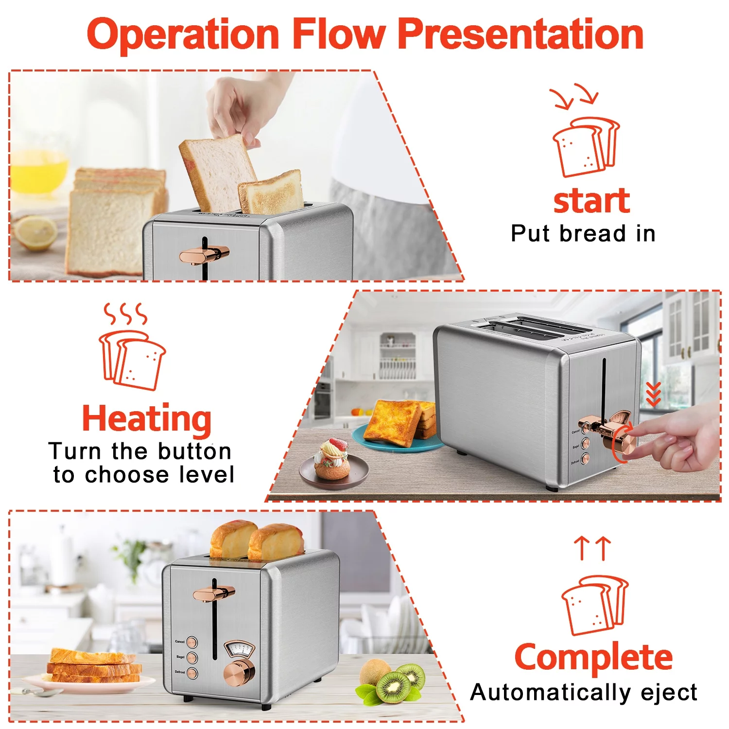 WHALL 2 Slice Toaster – Stainless Steel Toaster with Wide Slot, 6 Shade Settings, Bagel Function, Removable Crumb Tray