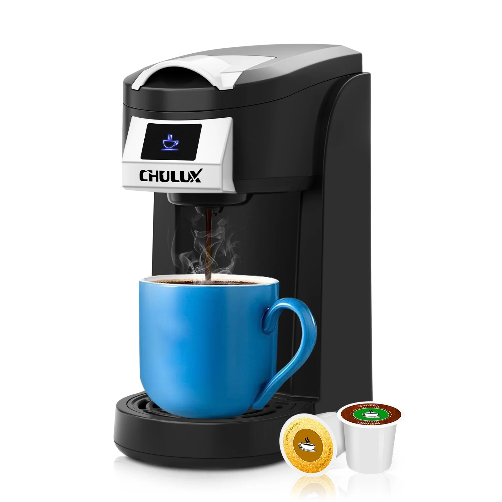 CHULUX Classic Coffee Maker One Cup, Single Serve Travel Pod Coffee Machine for K Cup & Ground Coffee, New