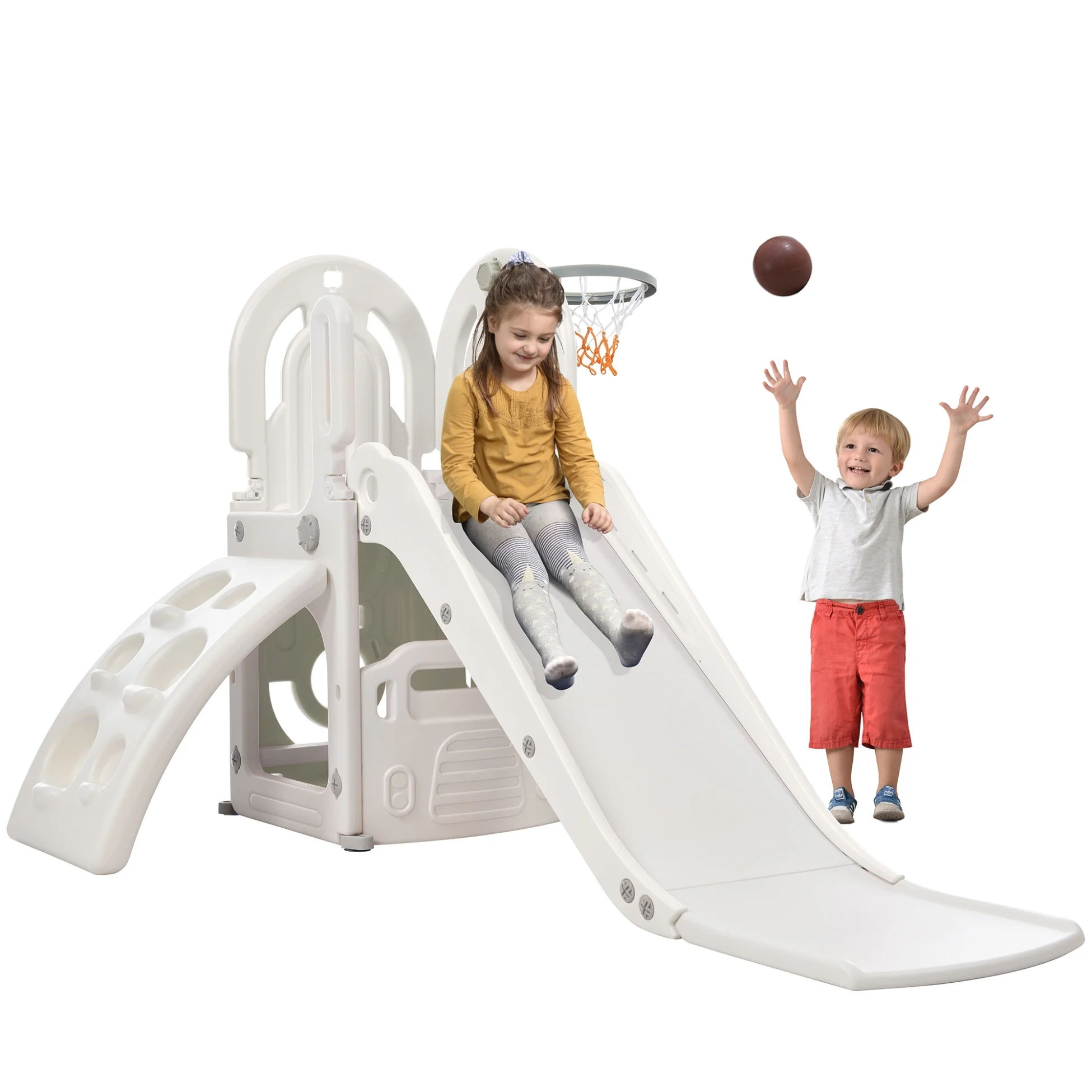 4 in 1 Toddler Slide and Climb Set, Kids Playground Climber Slide Playset with Basketball Hoop Play Freestanding Combination, Indoor & Outdoor Toys for Kids Teens Boys Girls, Gray