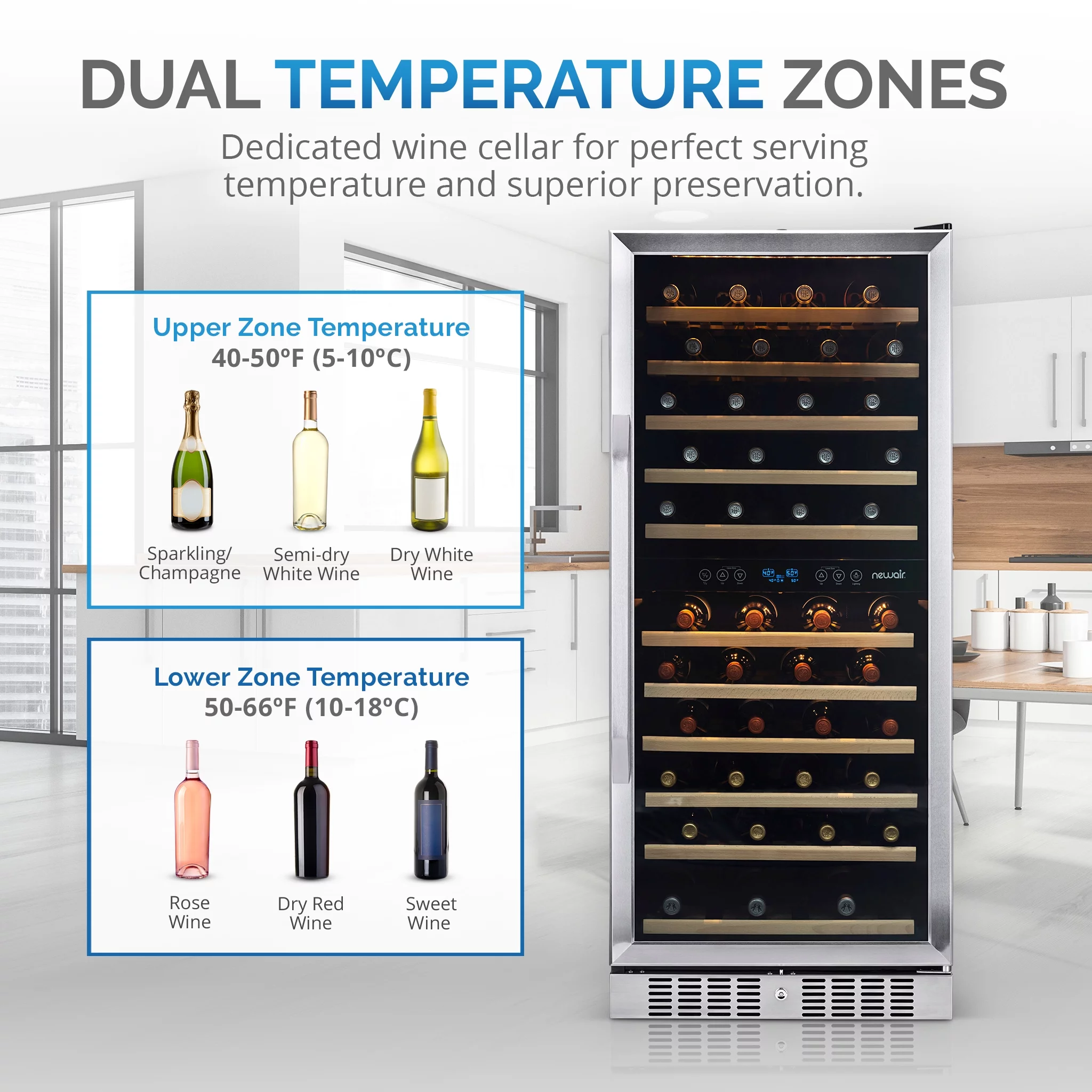 Newair 27″ Wine Fridge | Dual Zone, 116 Bottle Capacity | Stainless Steel