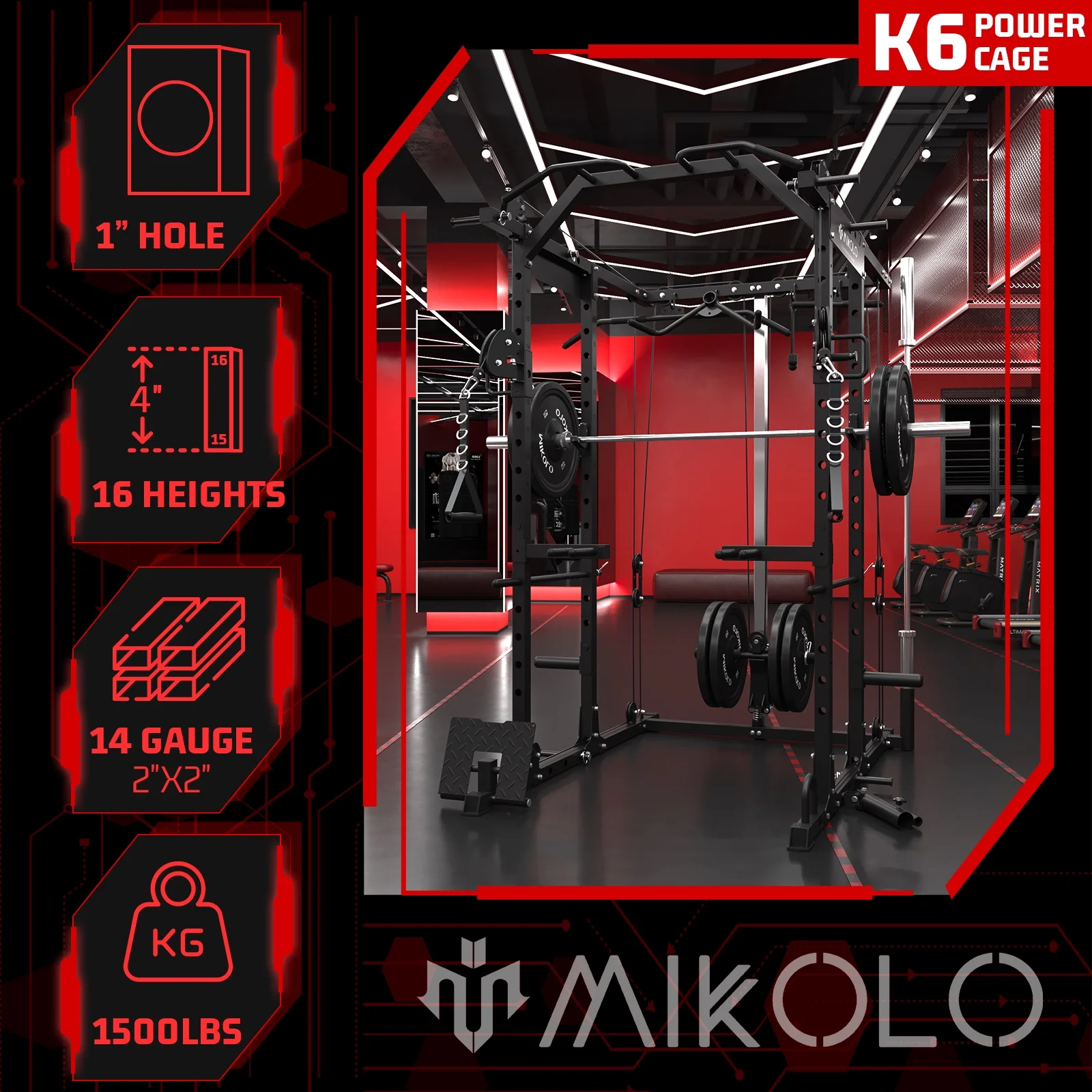 Mikolo Power Rack Cage, 1500 lbs Weight Rack with Cable Crossover Machine,Multi-Function Squat Rack with J Hooks,Dip Bars and Landmine for Home Gym (Red)