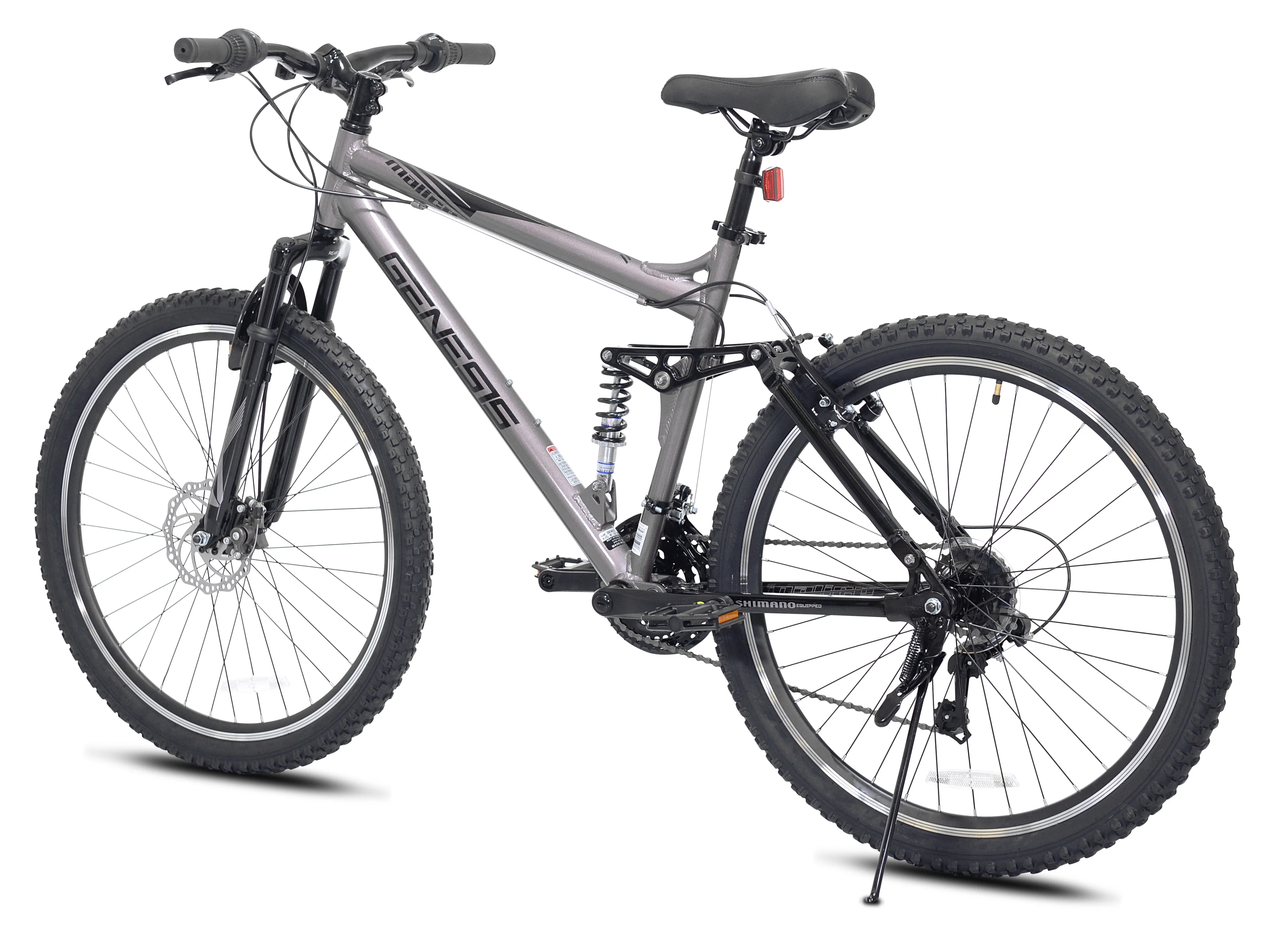 Genesis 26-inch Malice Men’s Aluminum Full Suspension Mountain Bicycle, Metallic Gray