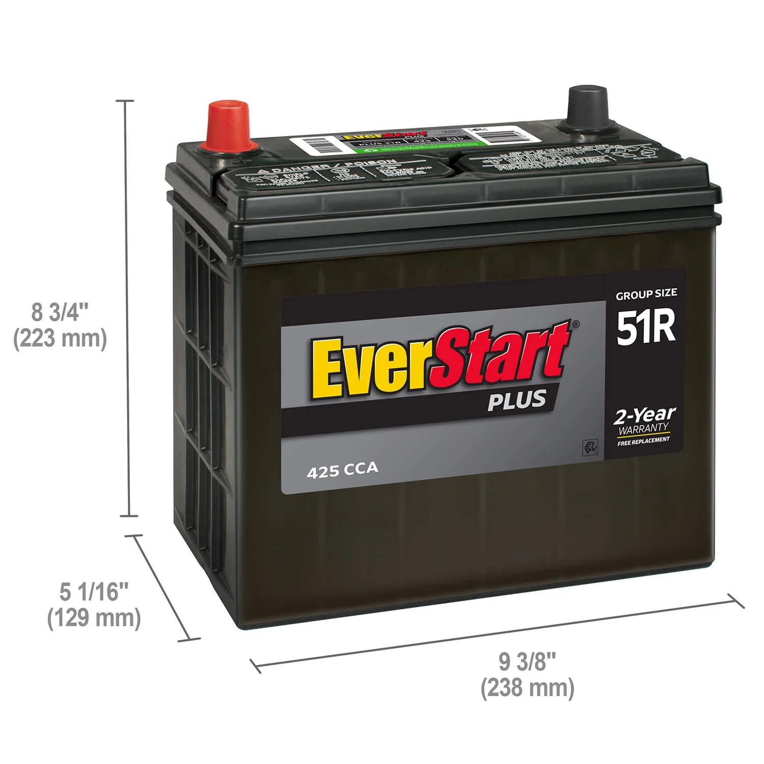 EverStart Plus Lead Acid Automotive Battery, Group Size 51R 12 Volt, 425 CCA