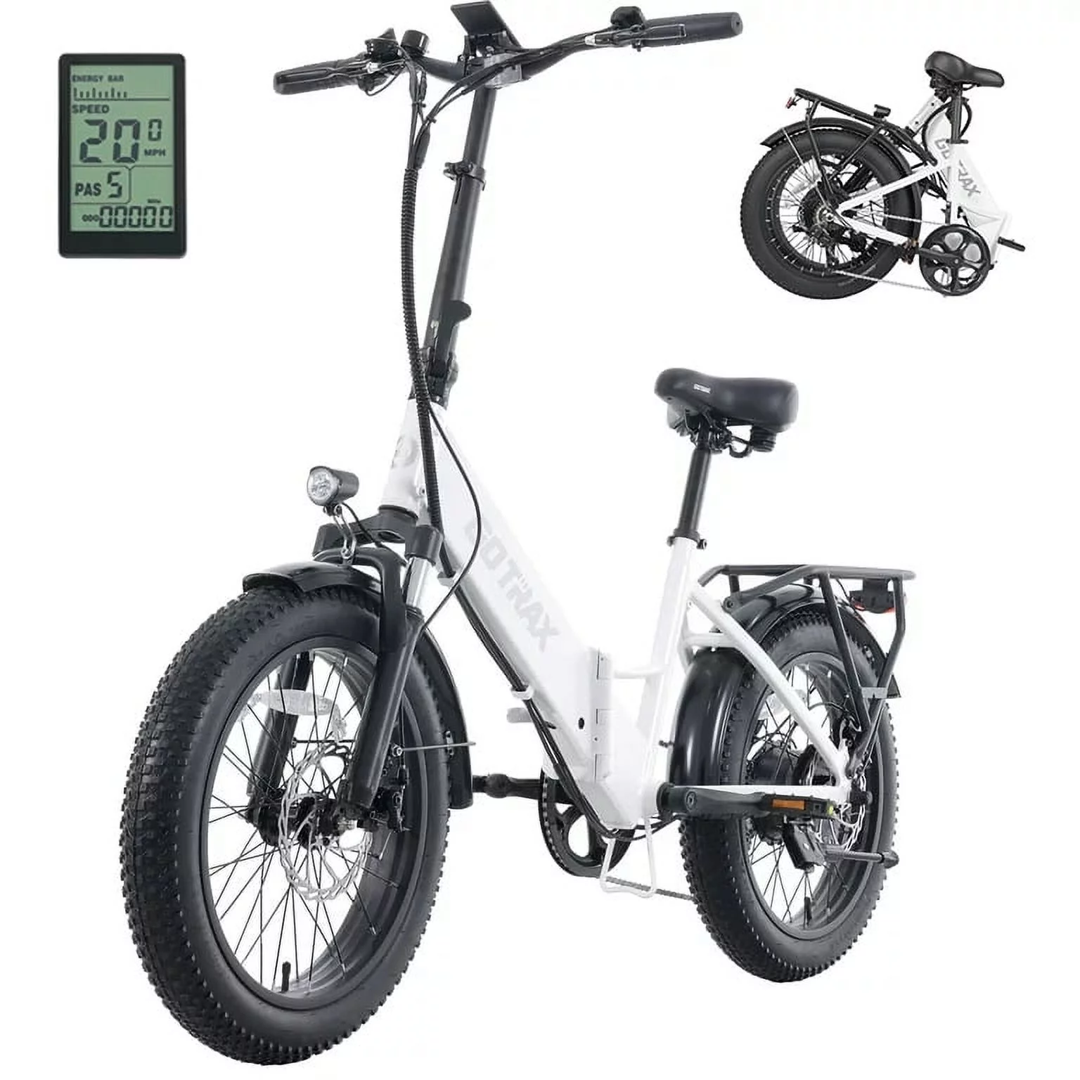 F2 Electric Bike for Adults, 500W/48V/20mph/20″ x 3″ Fat Tire Folding E-Bike with LCD Display and Adjustable Seat for Commute, Travel, White