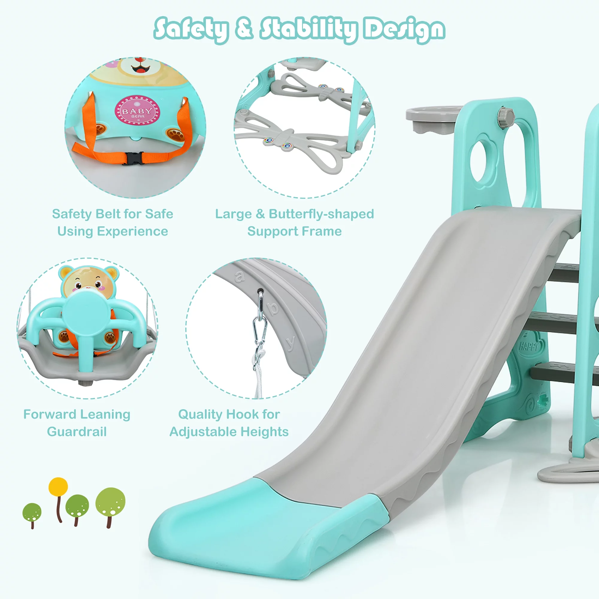 Babyjoy 4-in-1 Toddler Climber and Swing Set w/ Basketball Hoop & Ball Green