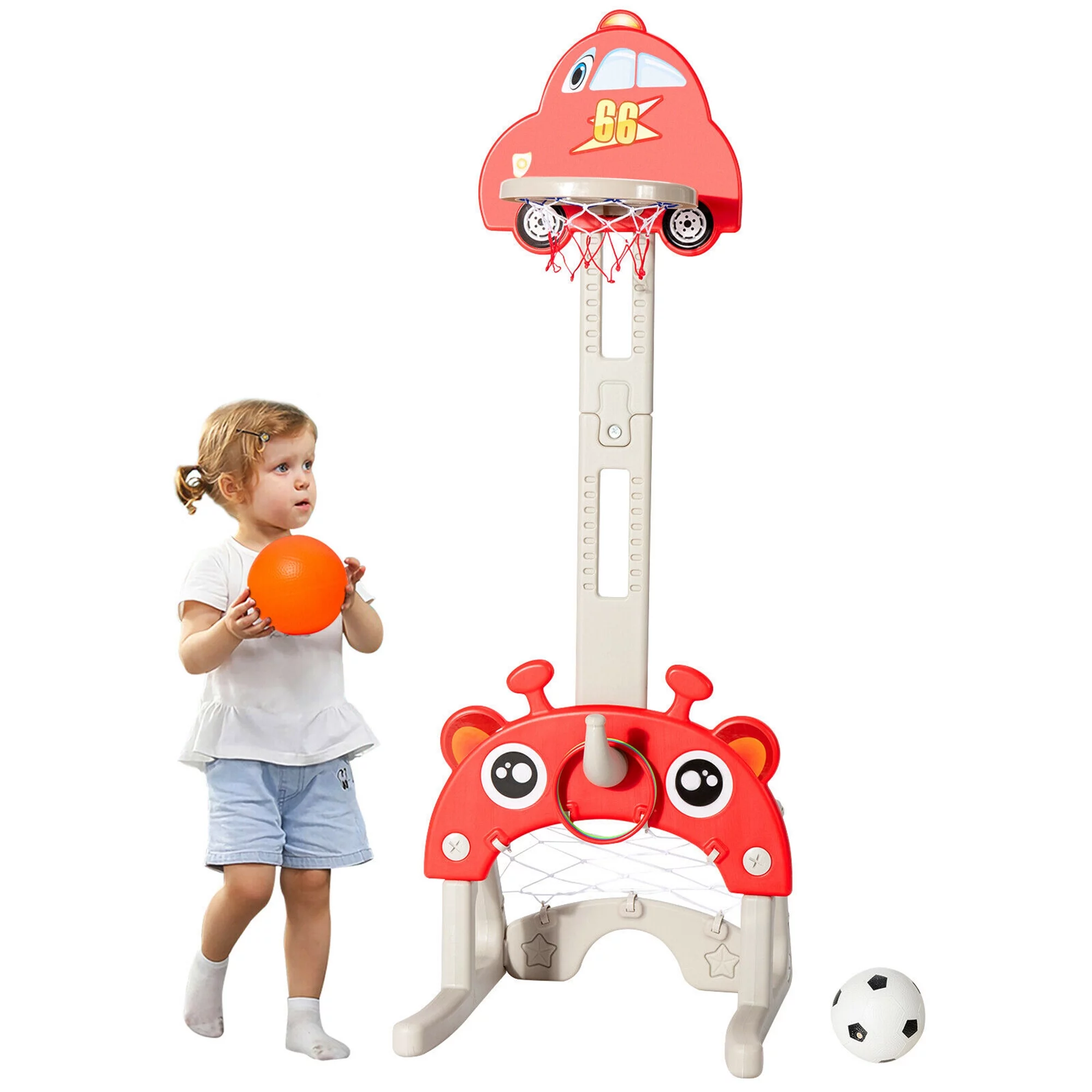 Gymax 3-in-1 Basketball Hoop for Kids Adjustable Height Playset w/ Balls Red