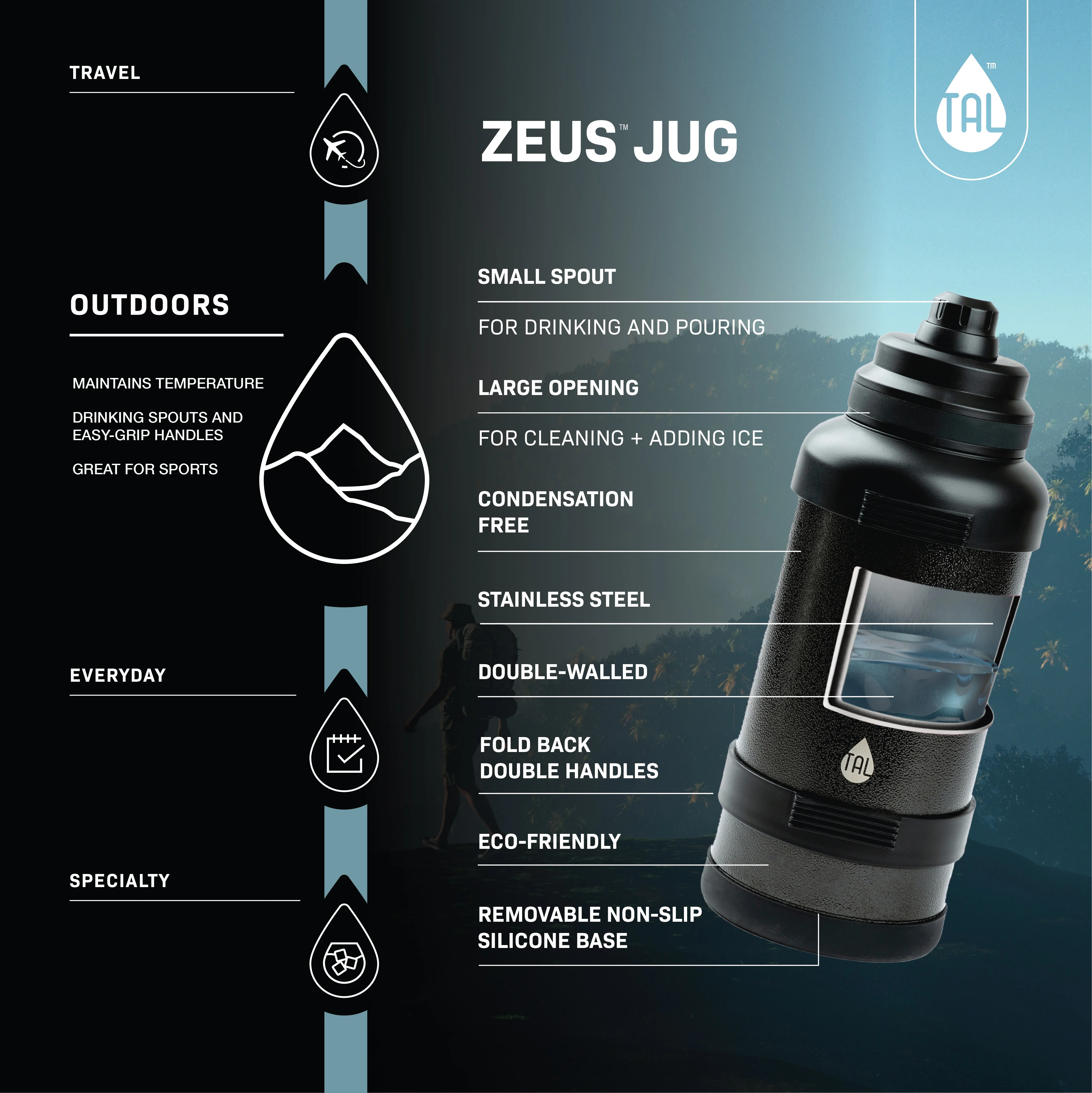 TAL Stainless Steel Zeus Water Bottle 3 Liter, Black