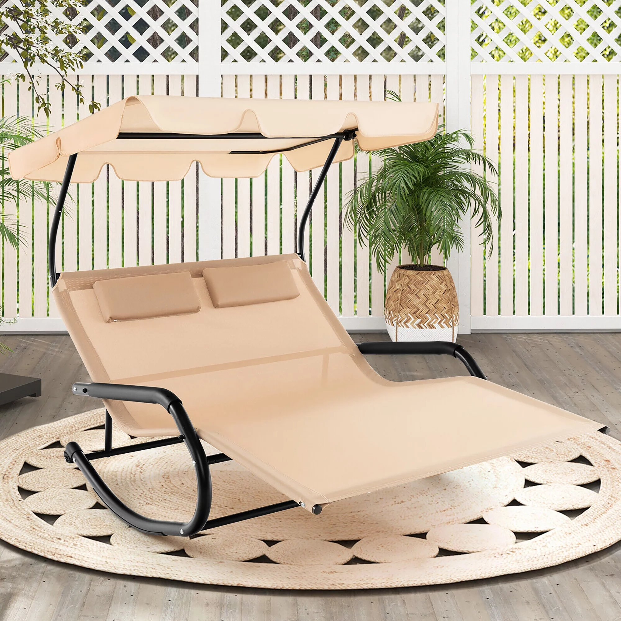 Gymax Outdoor 2-Person Double Rocking Chaise Lounge w/ Canopy & Wheels Metal Frame